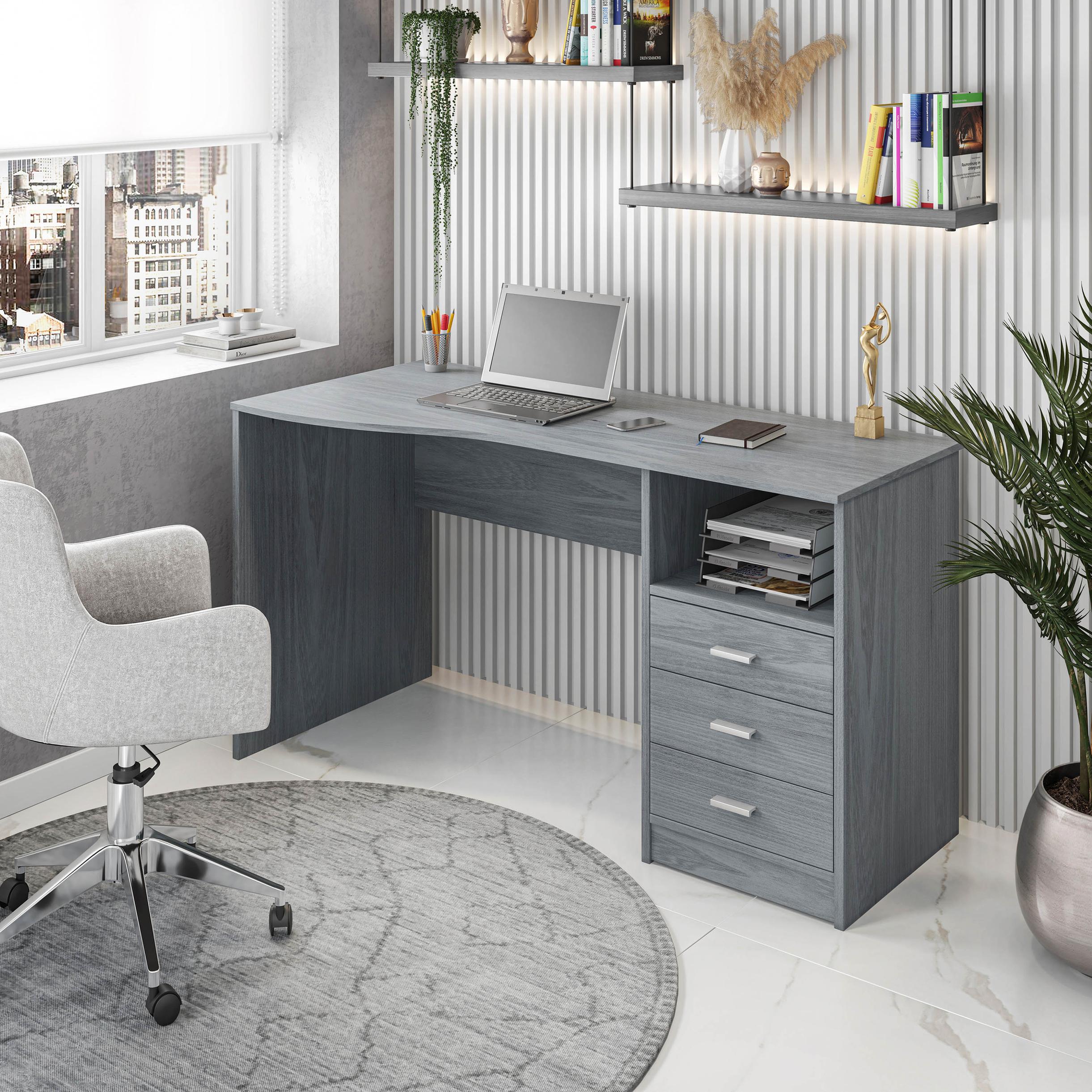 Classic Computer Desk with 3 Drawers and Side Shelf, Modern Contoured Workstation Table for Home Office Studio, 51" L x 23.5" W x 29.5" H, WengeGrey