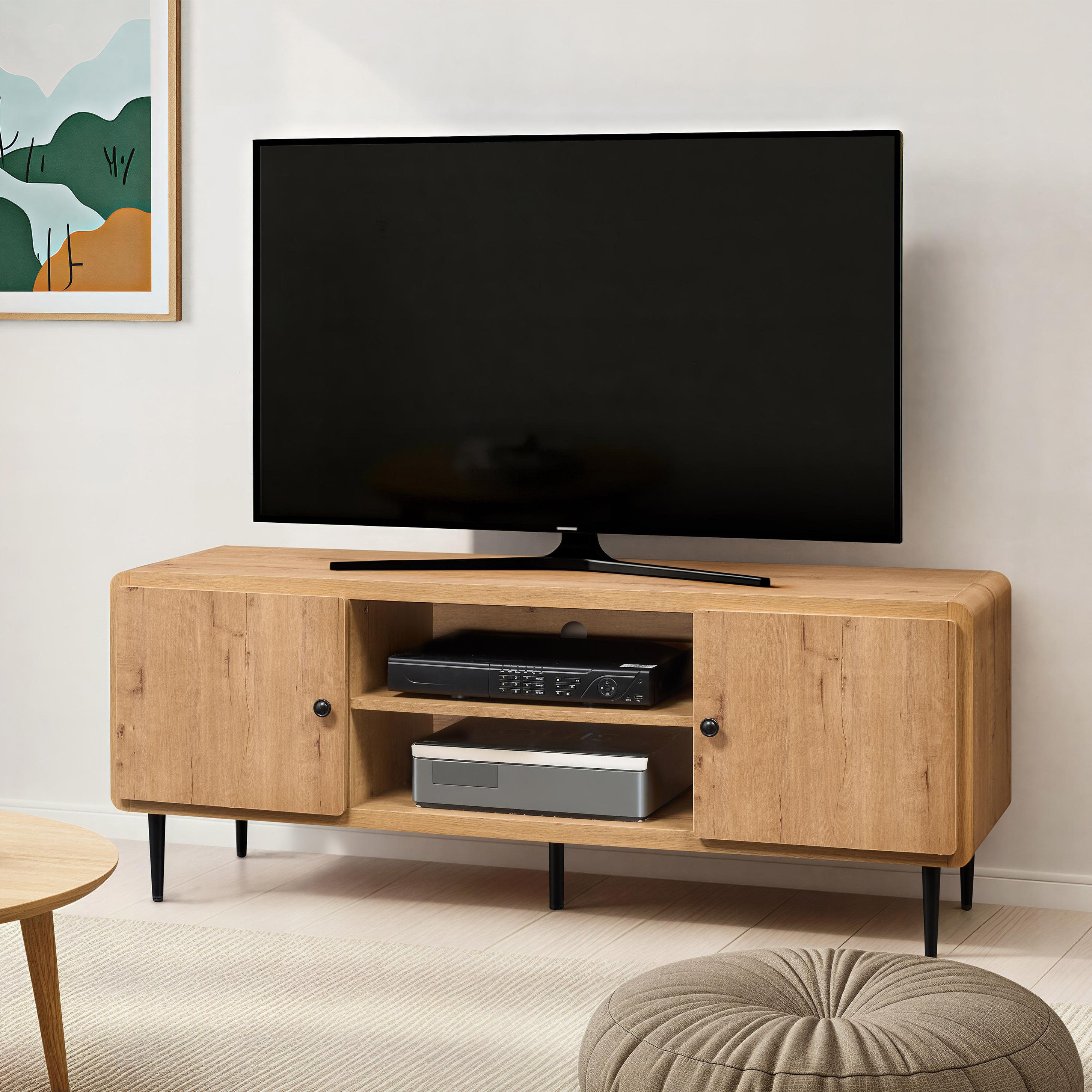 Stylish Mid-Century TV Stand with Cable Management Hole, Modern Media Entertainment Console Cabinet for Living Room, 55" L x 16" W x 21" H, Oak