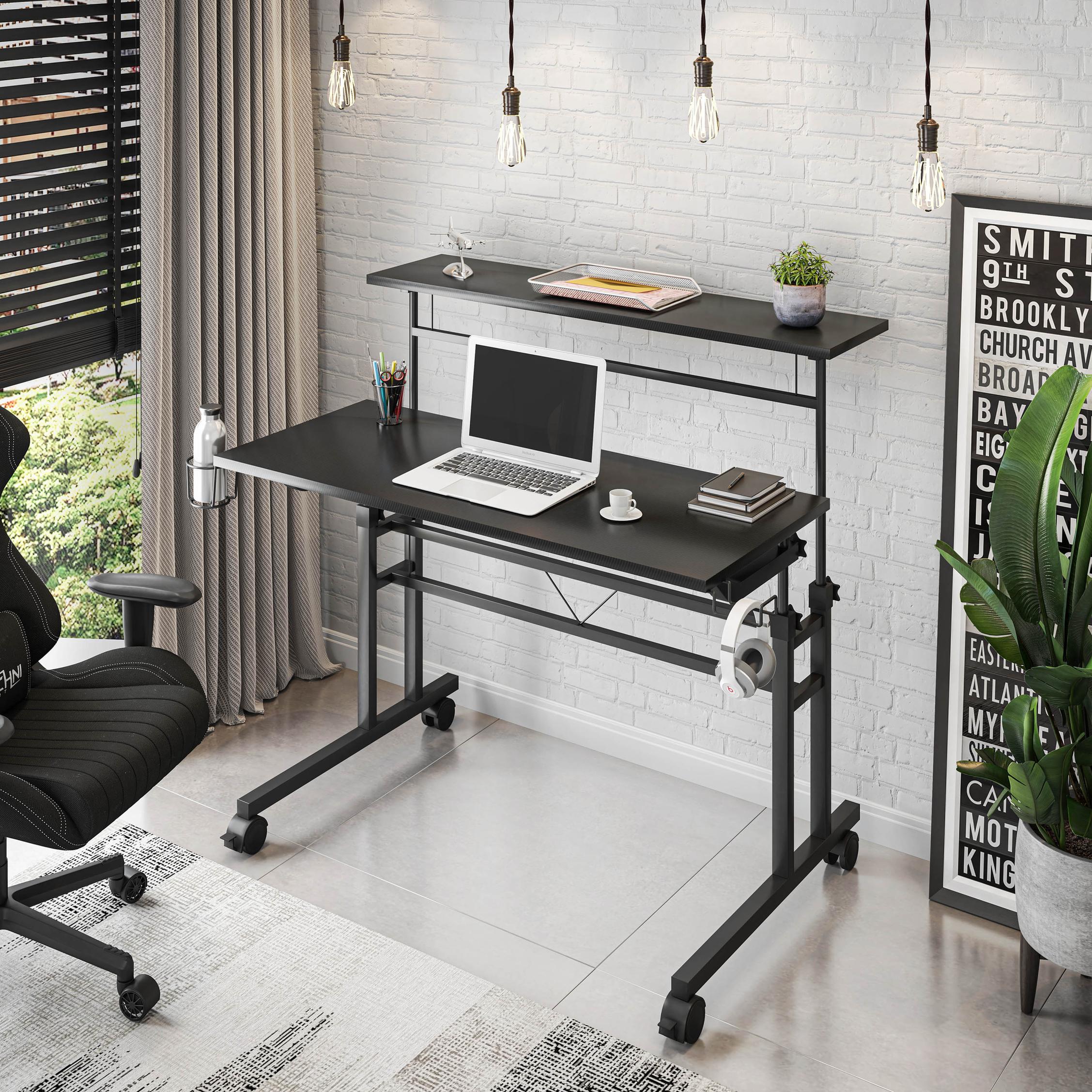 Mobile Writing Desk with Height Adjustment and Headphone Hook, Compact Worktable for Offices and Study Rooms, 35″ L x 23.5″ W x 28″ H, Black