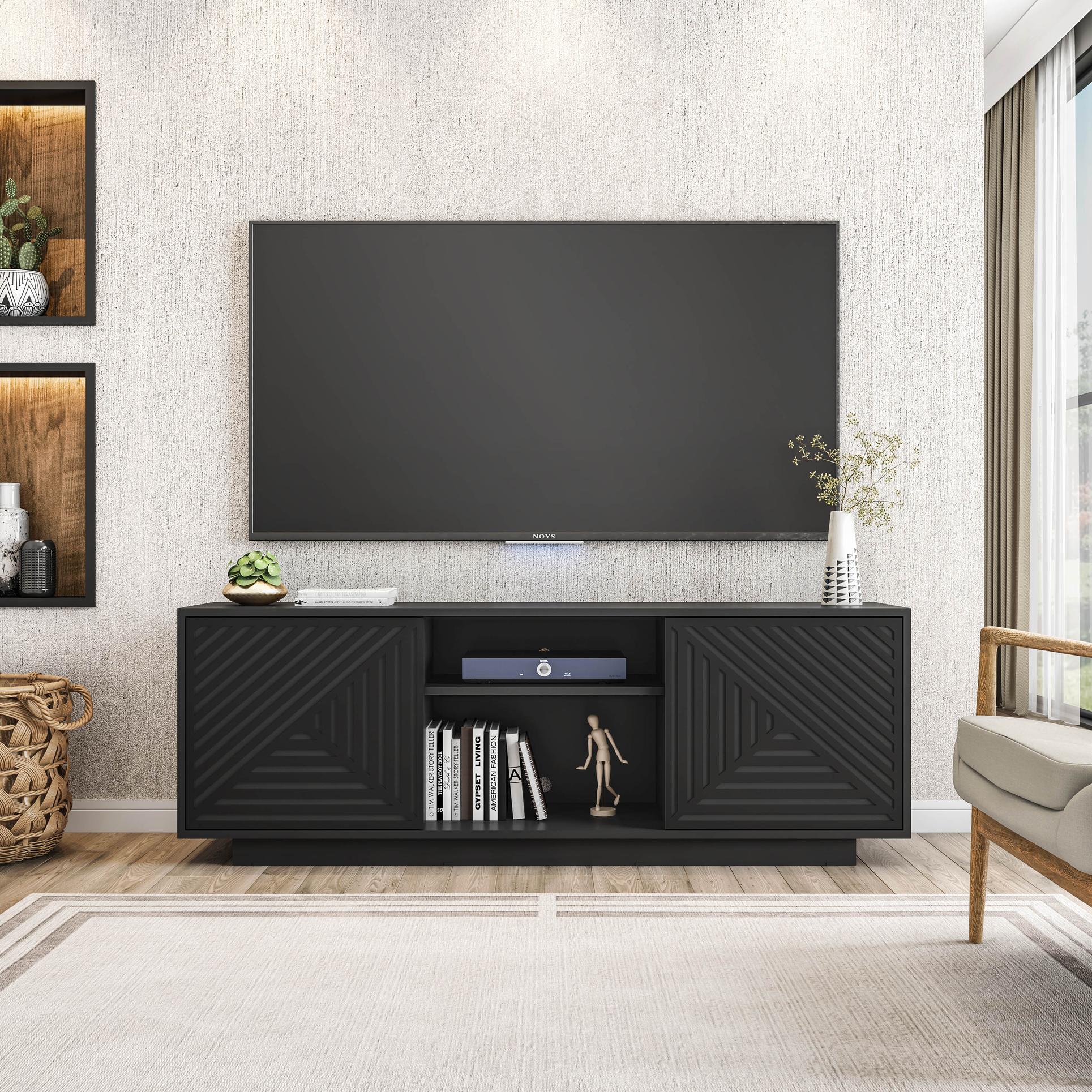 Sleek Modern TV Stand with Patterned Storage Doors, Contemporary Media Entertainment Console for Living Room, 63" L x 14" W x 21.5" H, Black