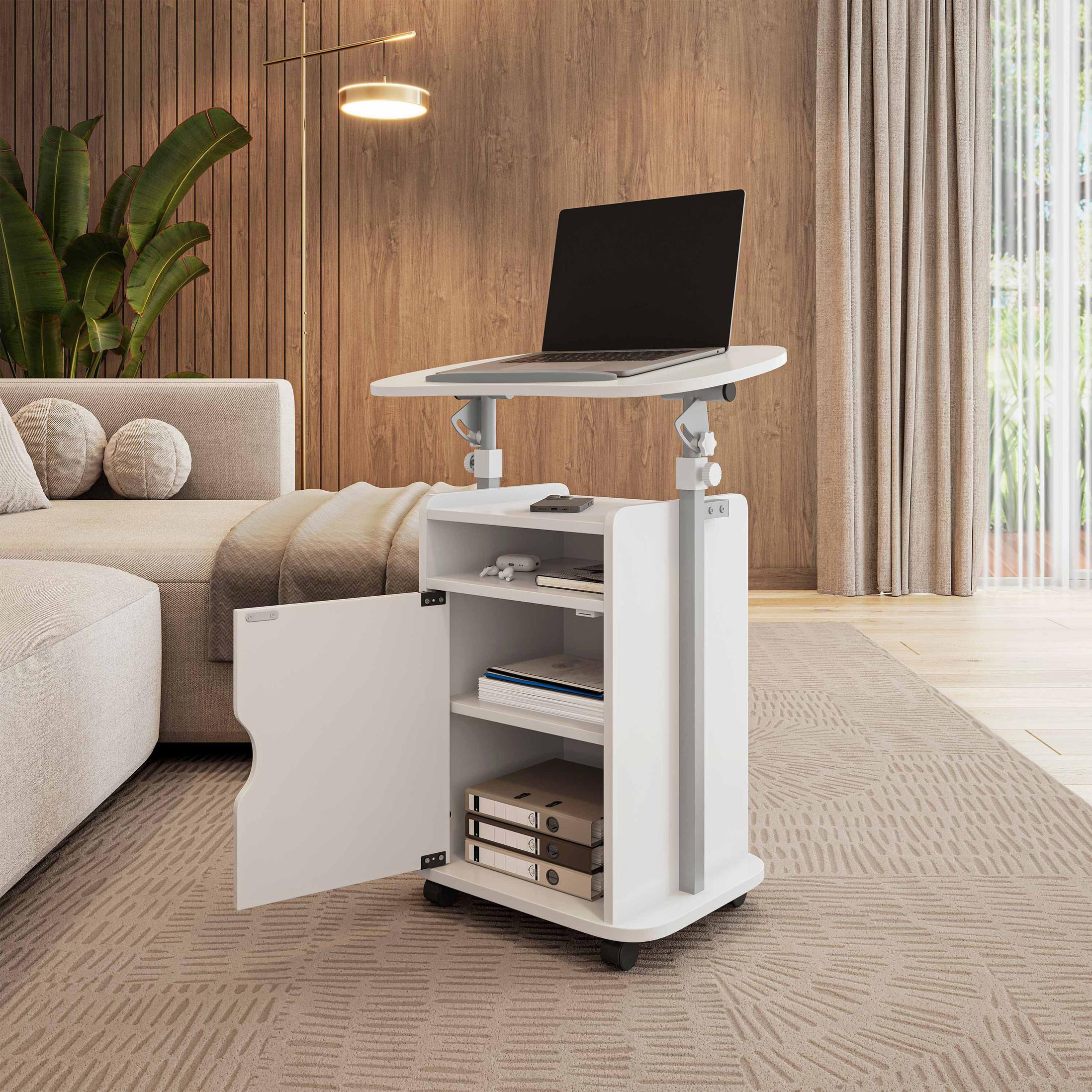 Practical Laptop Cart with Adjustable Tilting Panel, Mobile Workstation for Home Offices, Classrooms, or Bedside, 23.5″ L x 15.5″ W x 31.5″ H, White