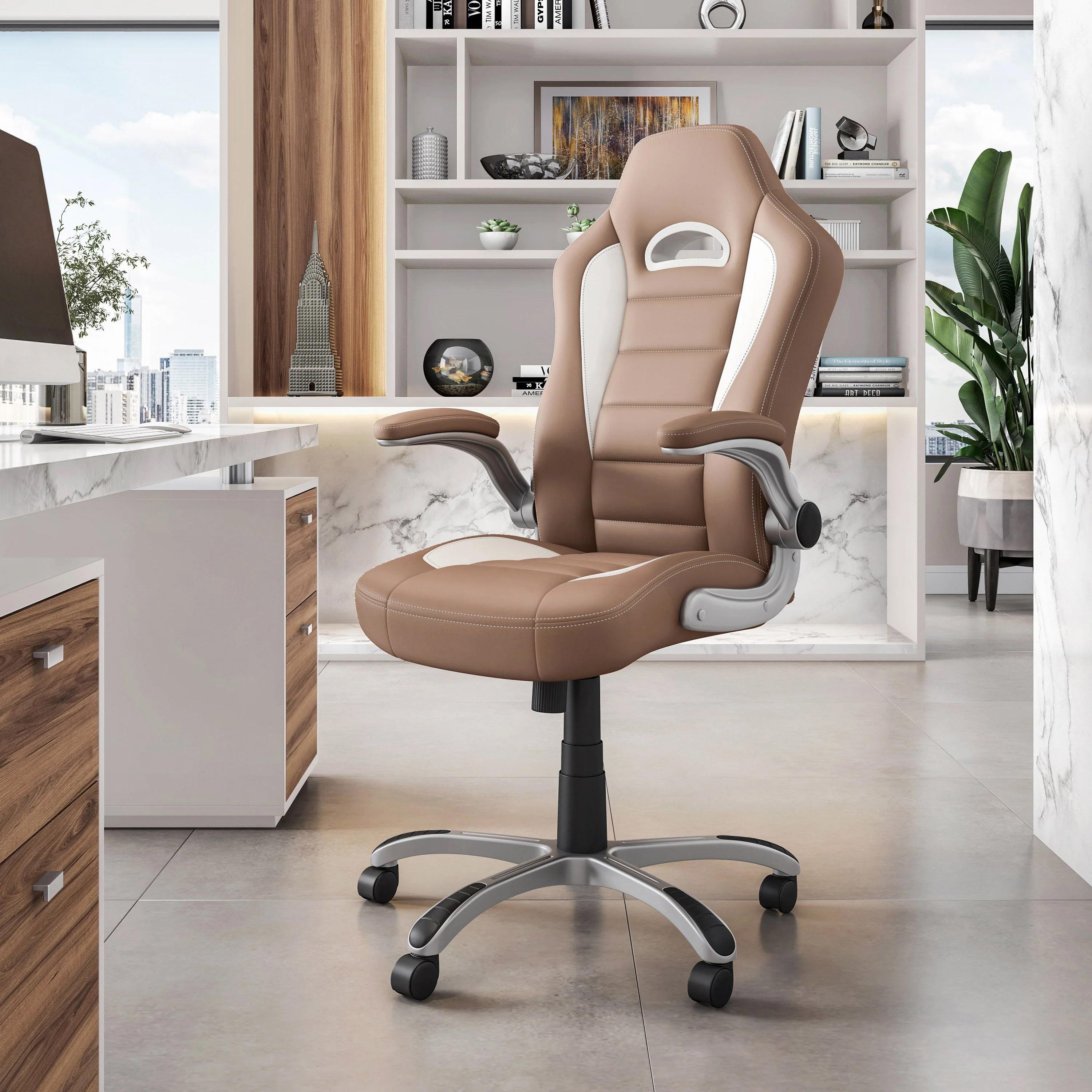 Racer-style Chair with Flip-Up Arms and TechniFlex Upholstery, Flexible Racer Seat with Locking Tilt Control, 26.5" L x 27" W x 47" H, Camel