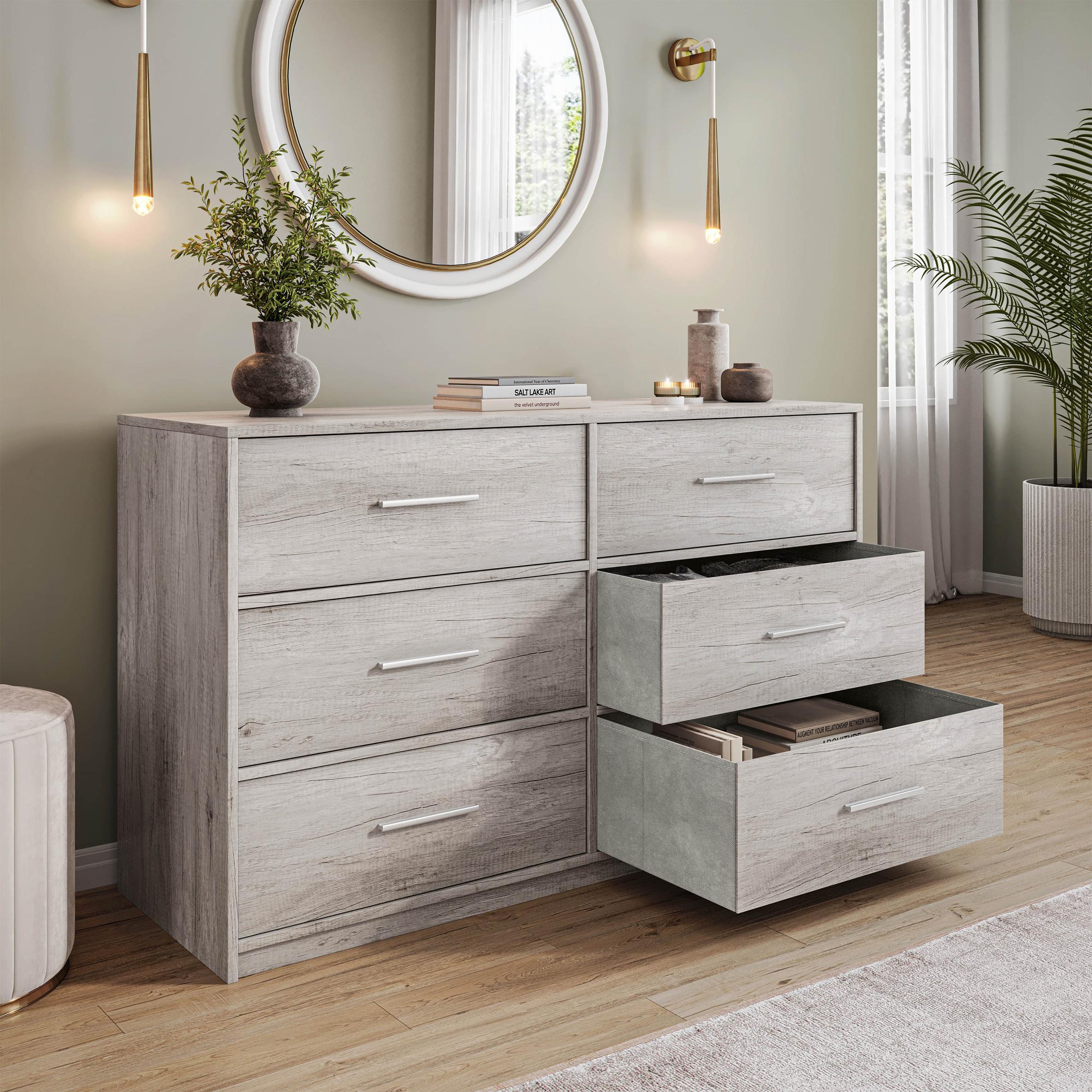 Versatile 6-Drawer Dresser with Water-Resistant Top, Ideal Storage Chest for Bedrooms, Playrooms, Entryways, 44.5" L x 16" W x 26.5" H, Gray