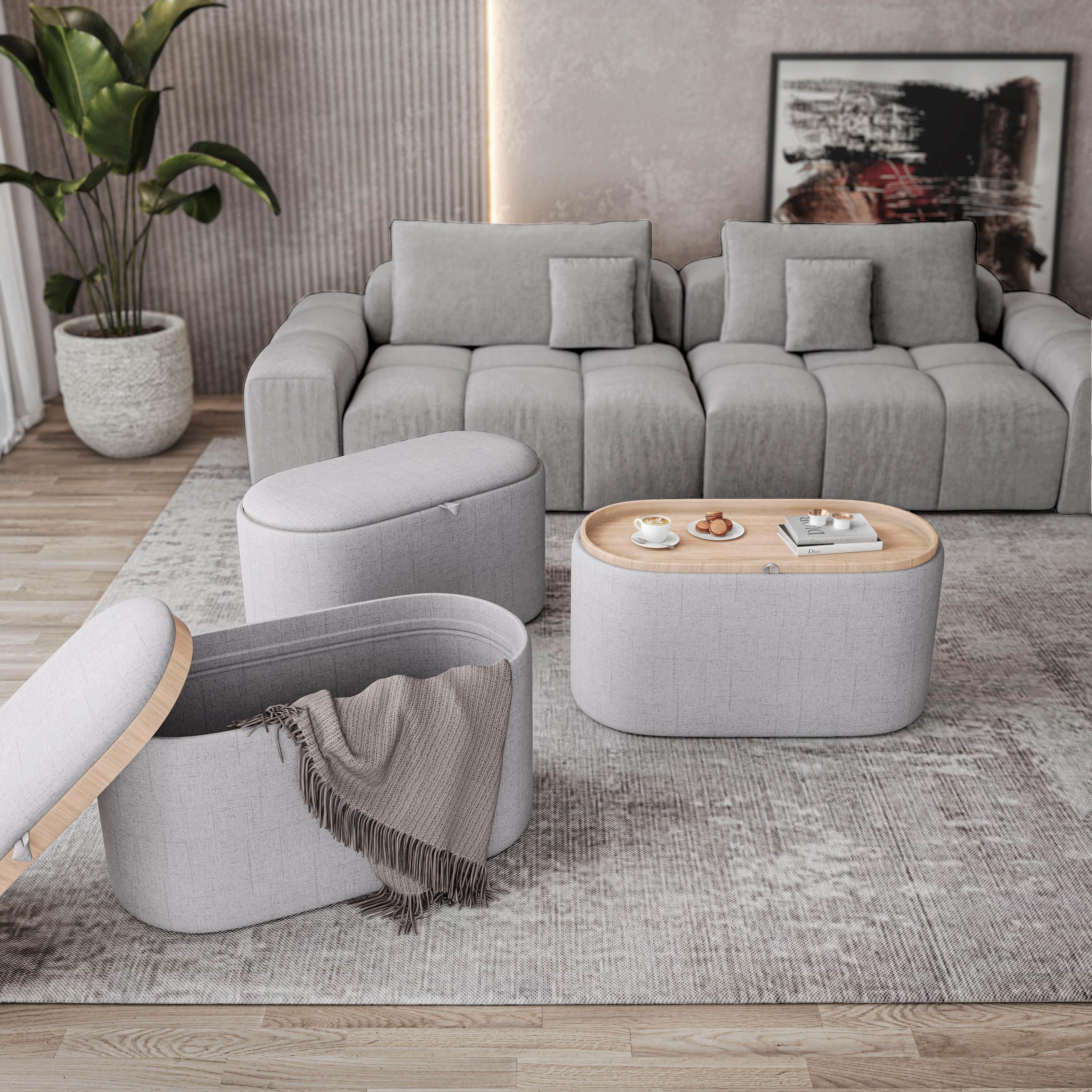 Multi-Functional Storage Ottoman with Reversible Tray Top, Versatile Seat for Living Rooms, 30" L x 15.5" W x 16.5" H, Natural