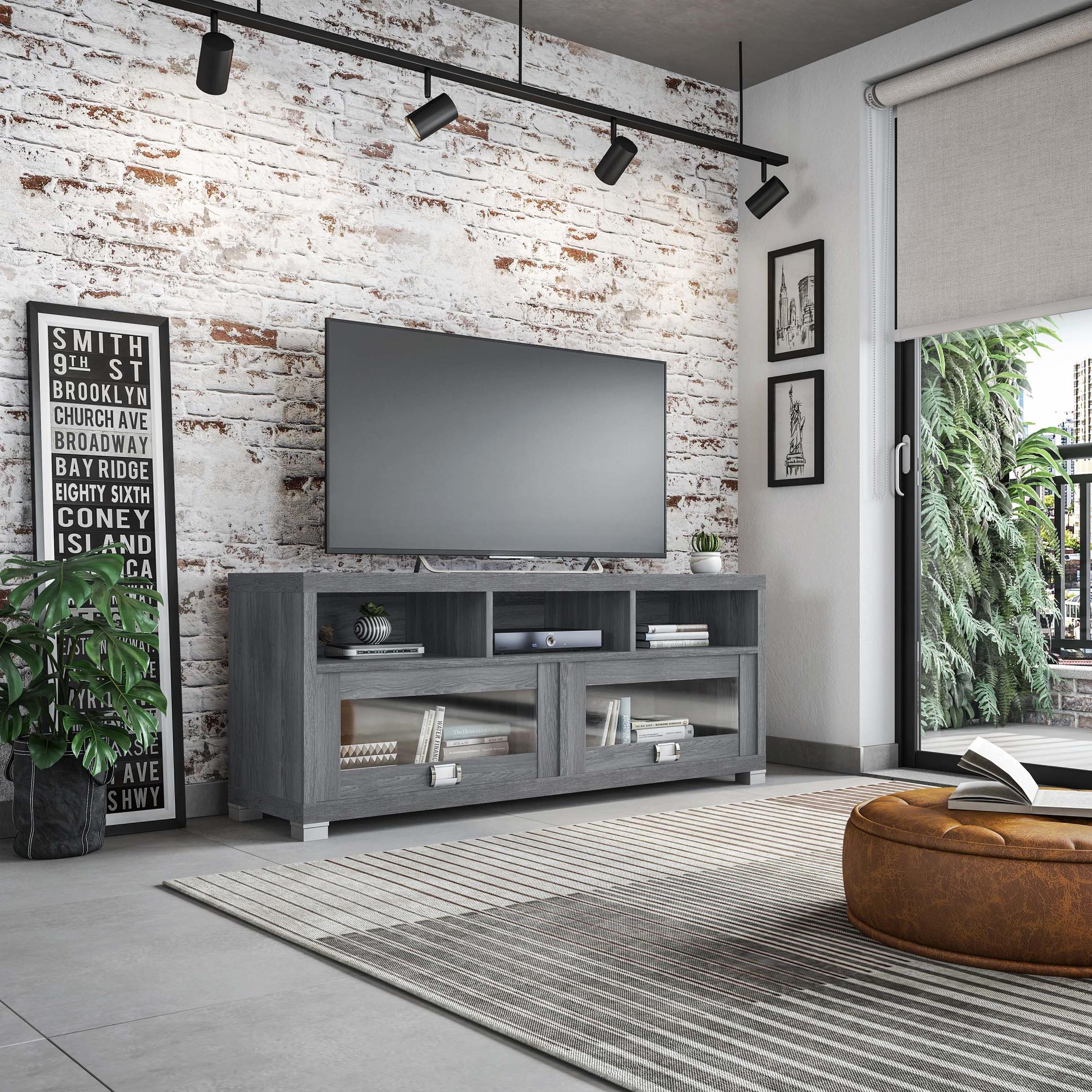 Sleek Durbin TV Stand with Glass Panel Cabinets and Cable Management, Modern Media Sideboard Cabinet for Living Room, 57" L x 15" W x 23" H, Grey