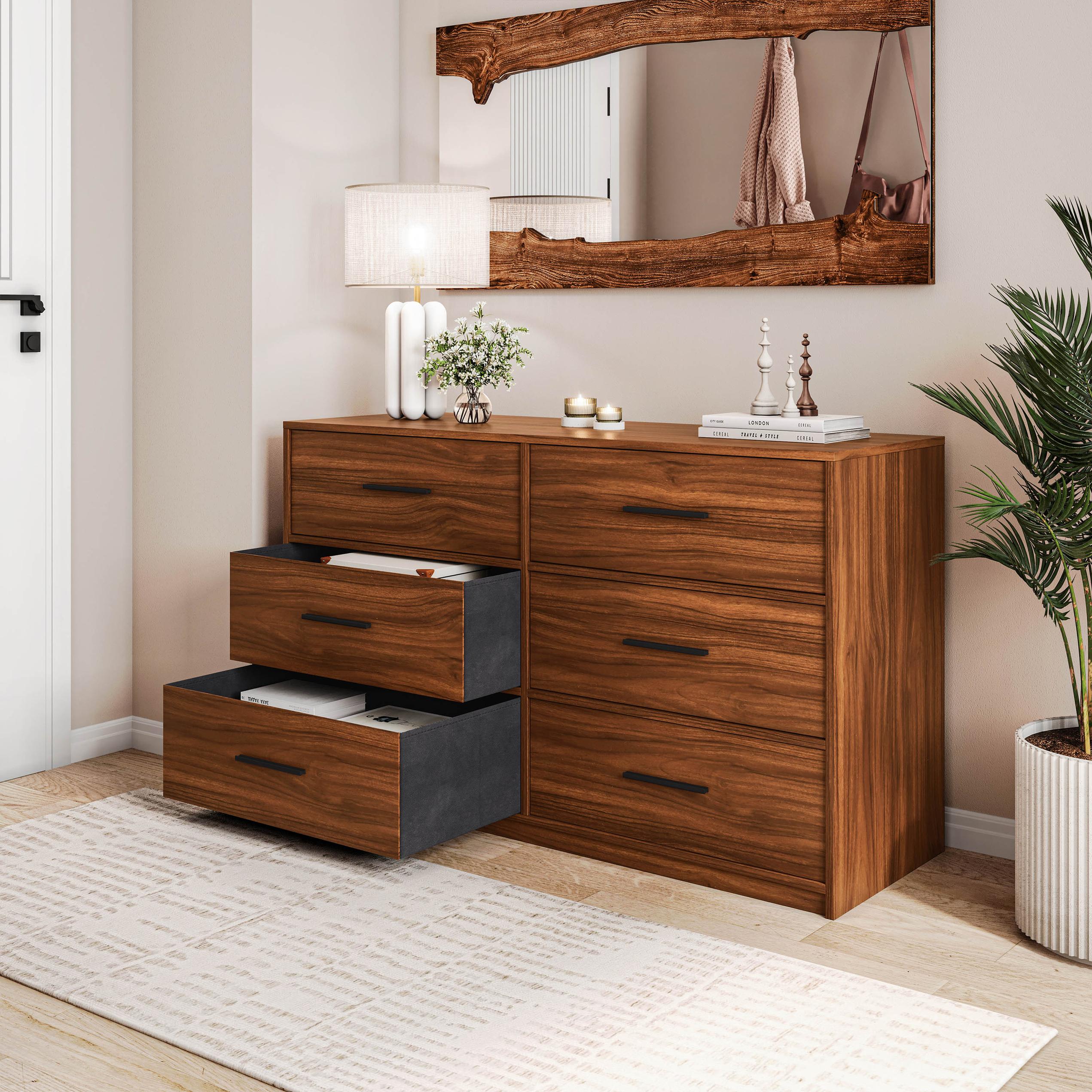 Versatile 6-Drawer Dresser with Water-Resistant Top, Ideal Storage Chest for Bedrooms, Playrooms, Entryways, 44.5" L x 16" W x 26.5" H, Walnut