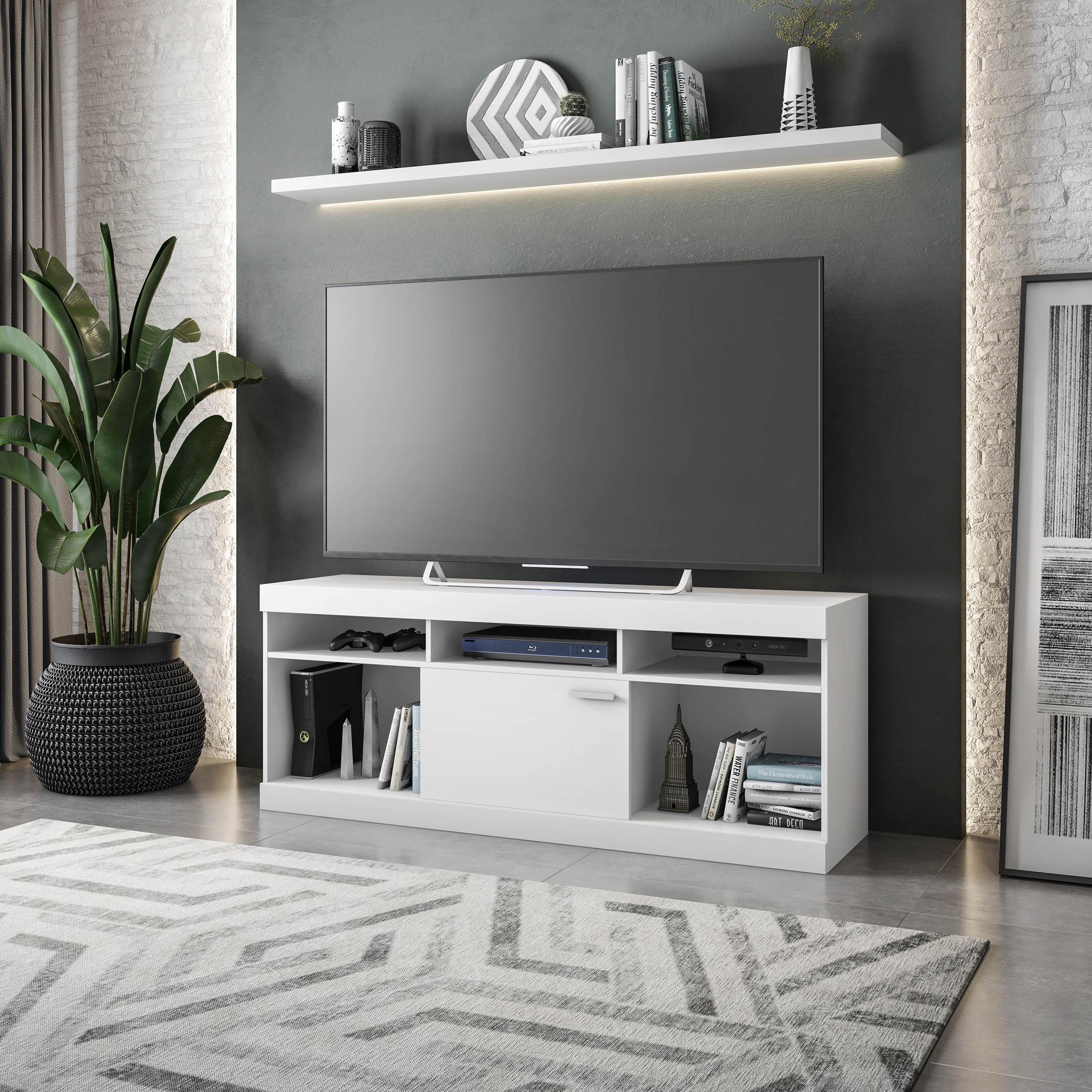 Sleek White TV Stand with Centered Sliding Door, Modern Media Entertainment Console Center for Living Room, 61" L x 15.5" W x 27" H, White