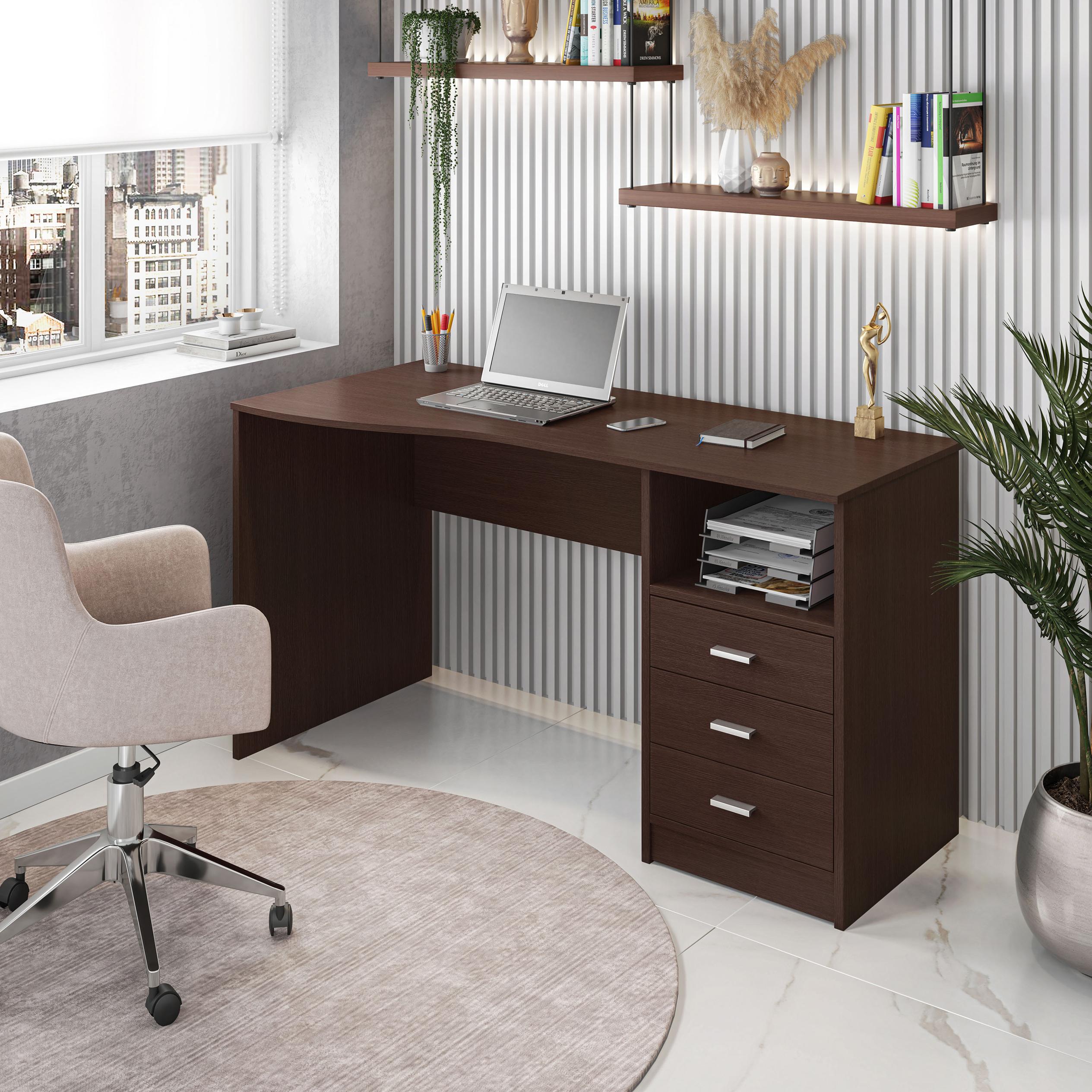 Classic Computer Desk with 3 Drawers and Side Shelf, Modern Contoured Workstation Table for Home Office Studio, 51" L x 23.5" W x 29.5" H, Wenge