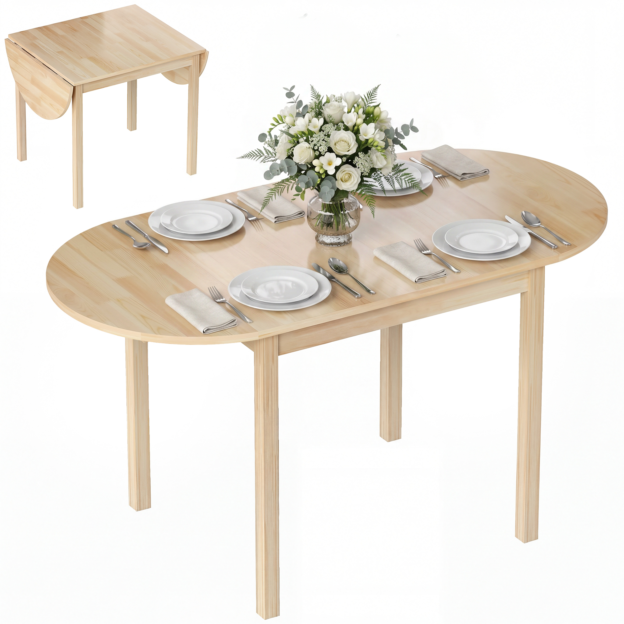 HOMCOM 55" Wood Kitchen Table, Drop Leaf Tables for Small Spaces, Natural