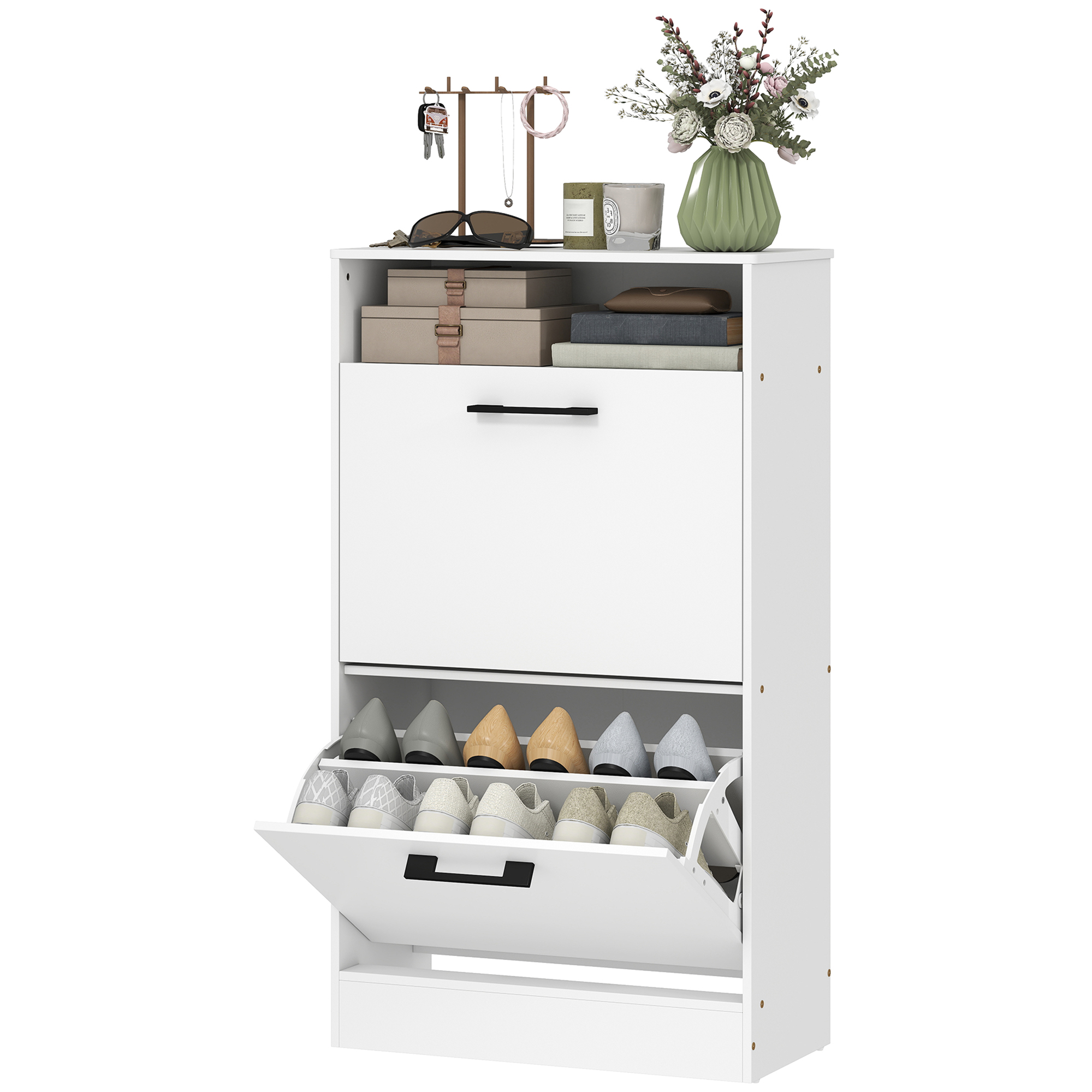 HOMCOM Shoe Cabinet 2 Flip Drawers Adjustable Dividers Shoe Storage Cabinet Top Shelf Entryway White