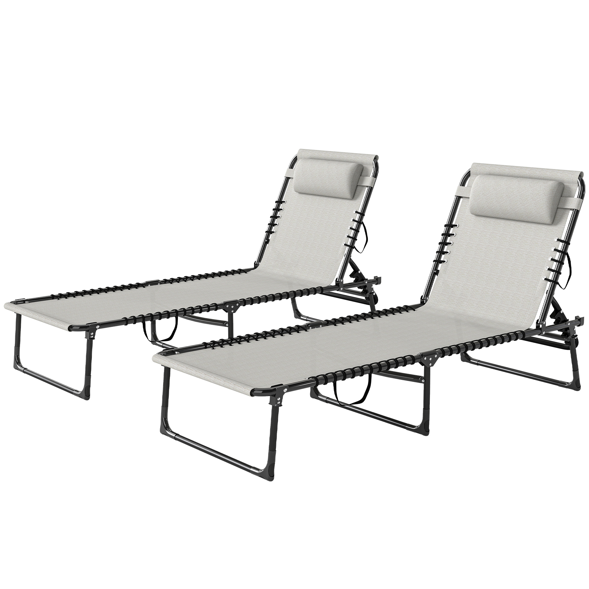 Outsunny 2 Folding Chaise Lounge Pool Chairs with 4-Position Reclining Back, Pillow, Breathable Mesh & Bungee Seat, Dark Blue