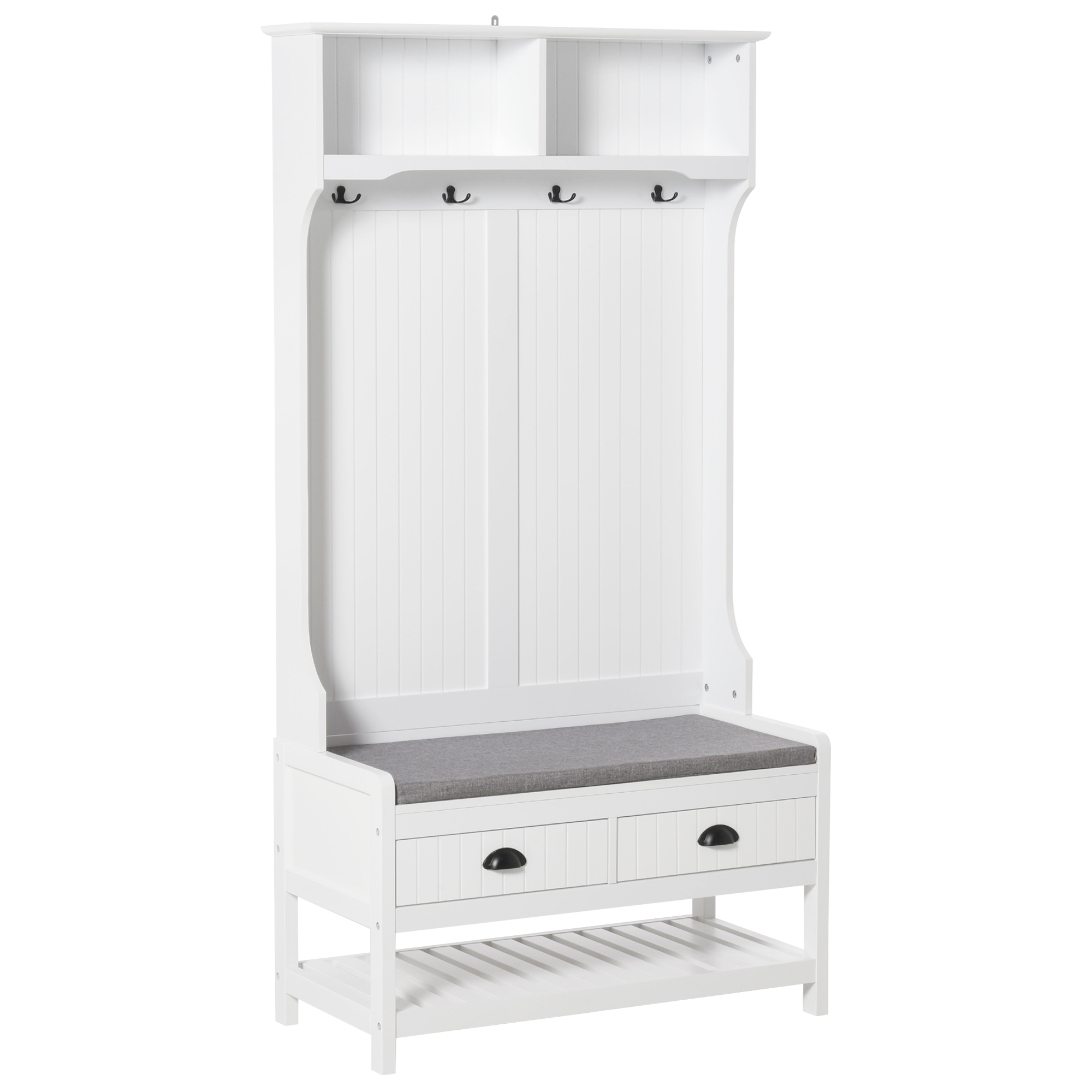 HOMCOM 3-in-1 Hall Tree, Entryway Bench with Coat Rack, Mudroom Bench with Shoe Rack, 2 Storage Drawers, 4 Hooks and Padded Seat Cushions for Hallway,