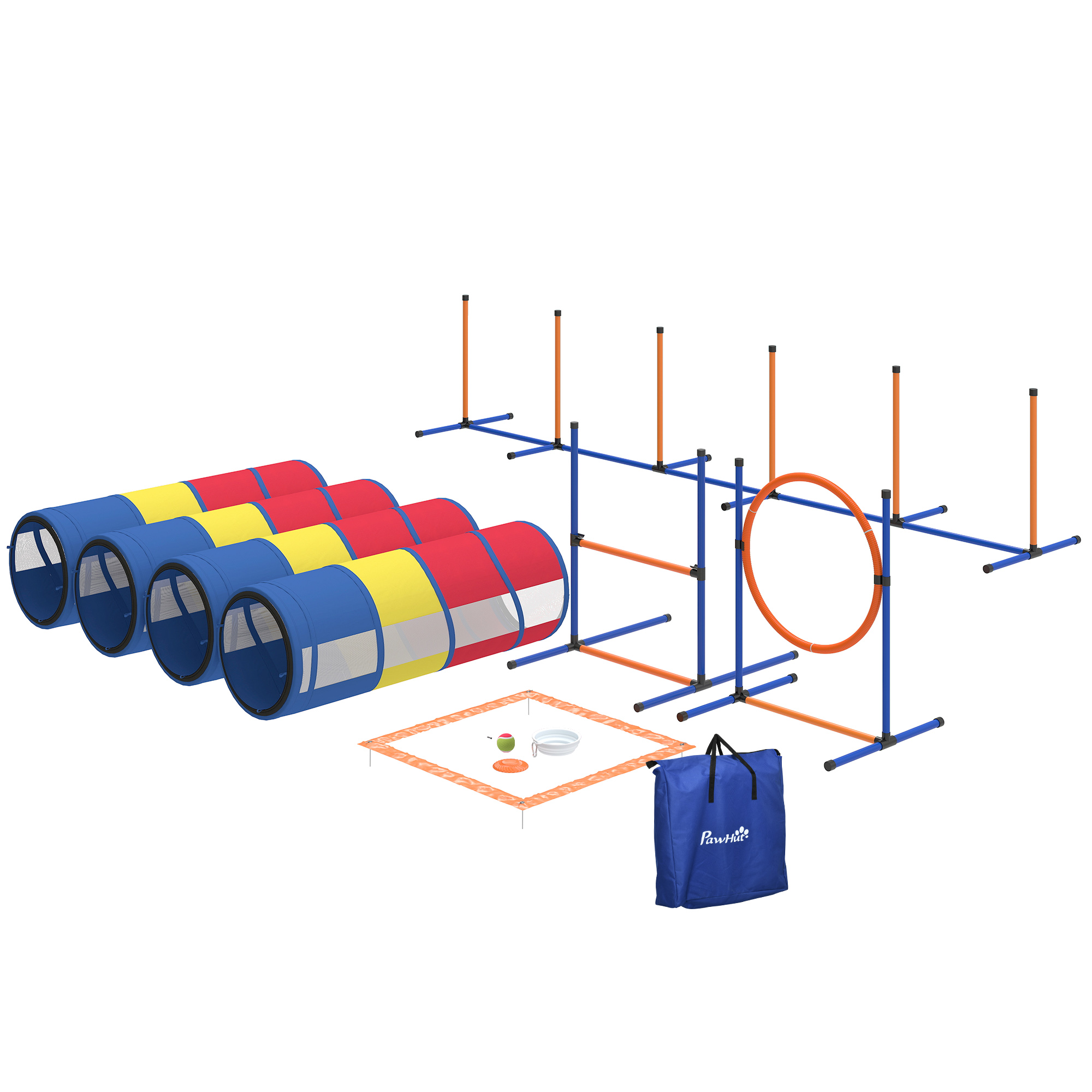 PawHut Dog Agility Training Equipment, 12-Piece Dog Obstacle Course with Adjustable Hurdle & Ring, 4 Tunnels, Weave Poles