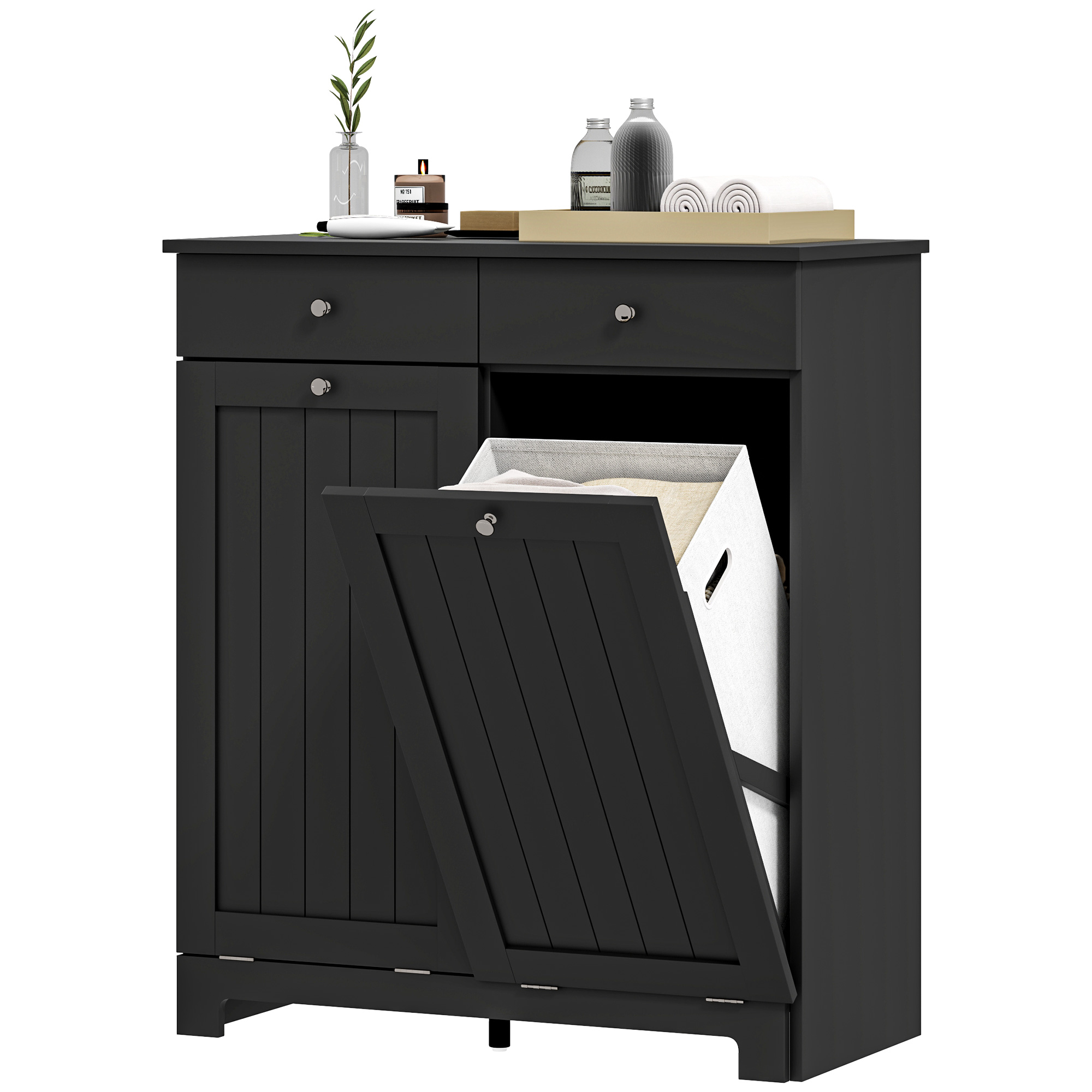 HOMCOM Laundry Hamper Cabinet, Laundry Cabinet with 2 Tilt Out Laundry Baskets and 2 Drawers, Black