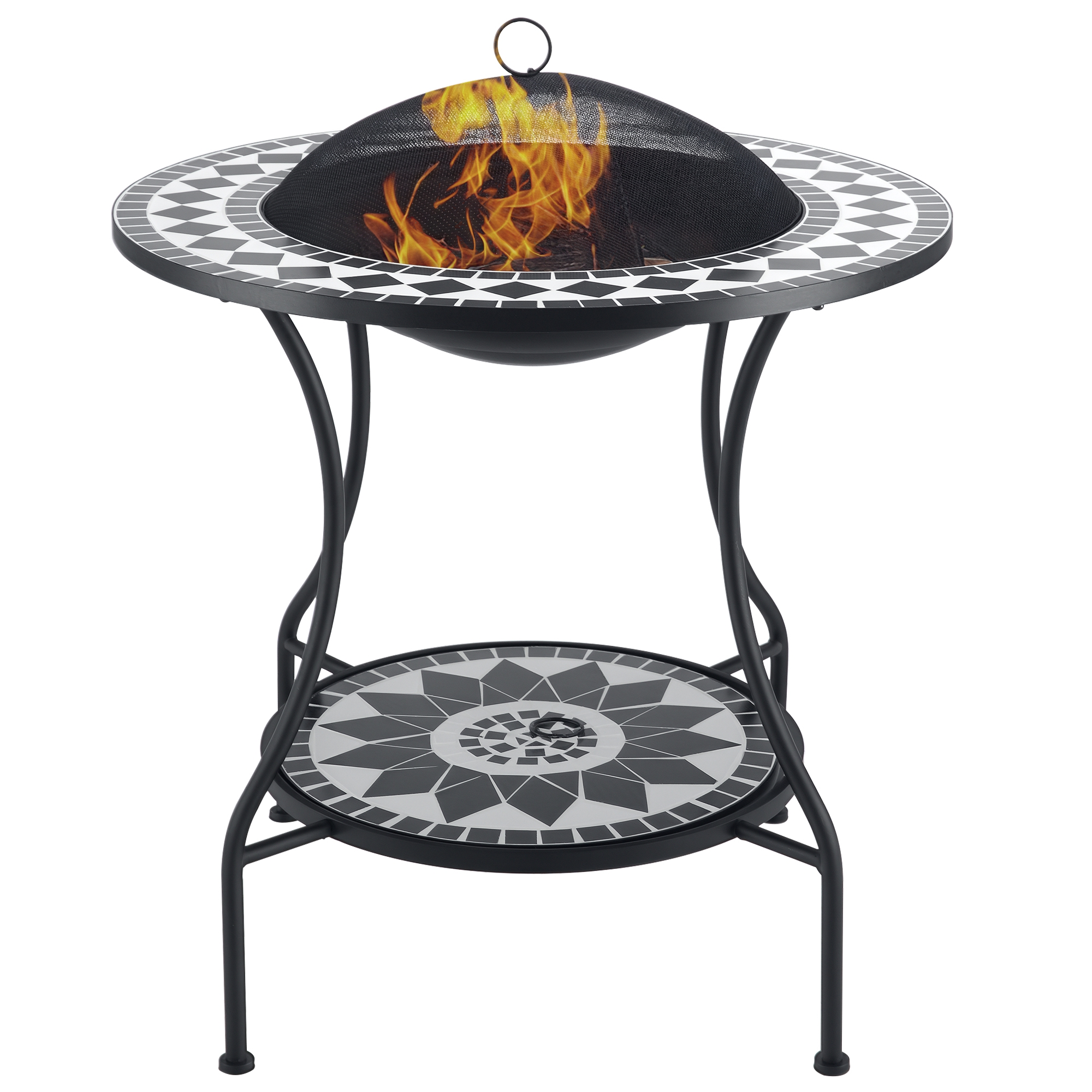 Outsunny 30" Outdoor Fire Pit Dining Table, 3-in-1 Round Wood Burning Fire Pit Bowl, Patio Ice Bucket with Storage Shelf