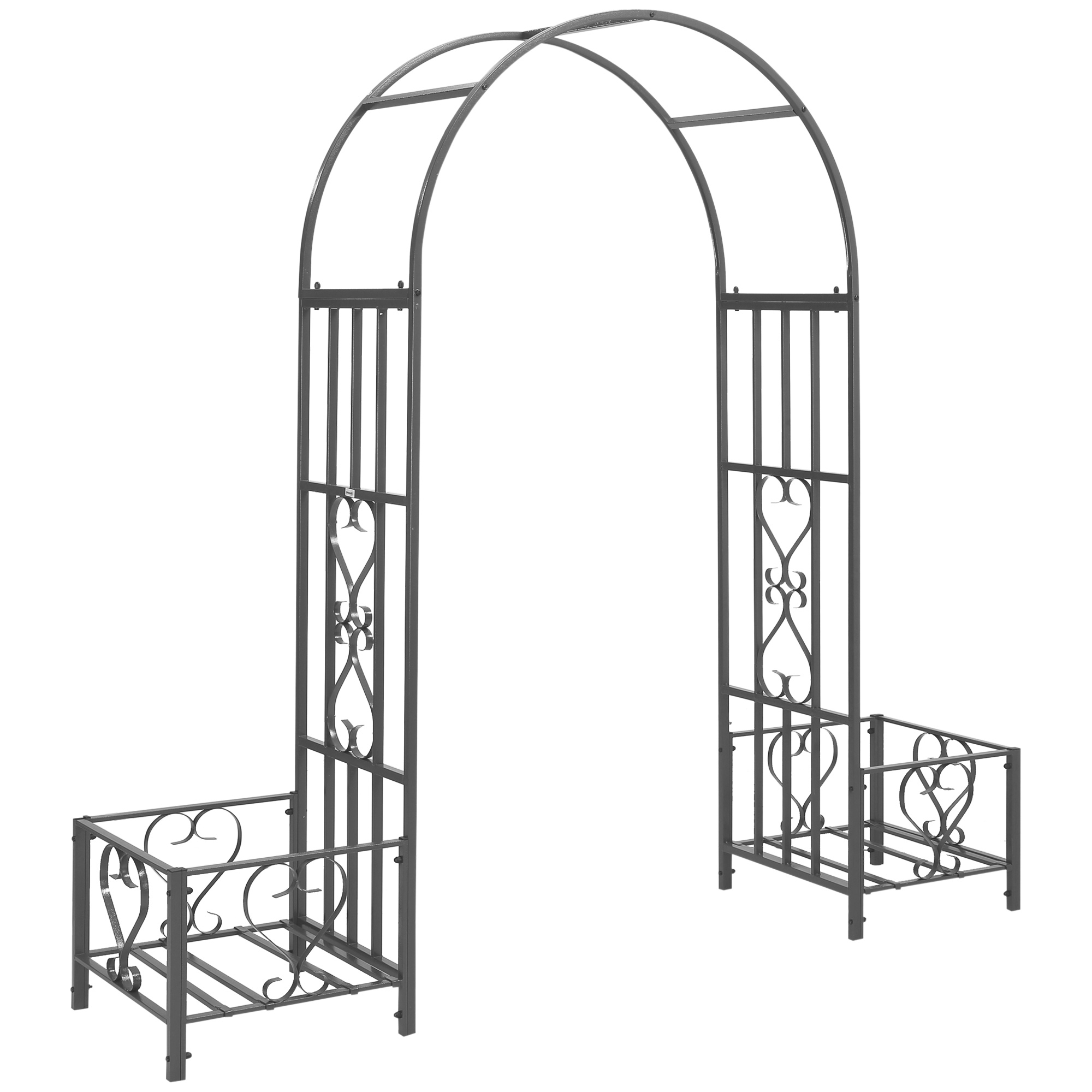 Outsunny 6.7' Steel Garden Arch Arbor with Scrollwork Hearts, Planter Boxes for Climbing Vines, Ceremony, Weddings, Dark Gray