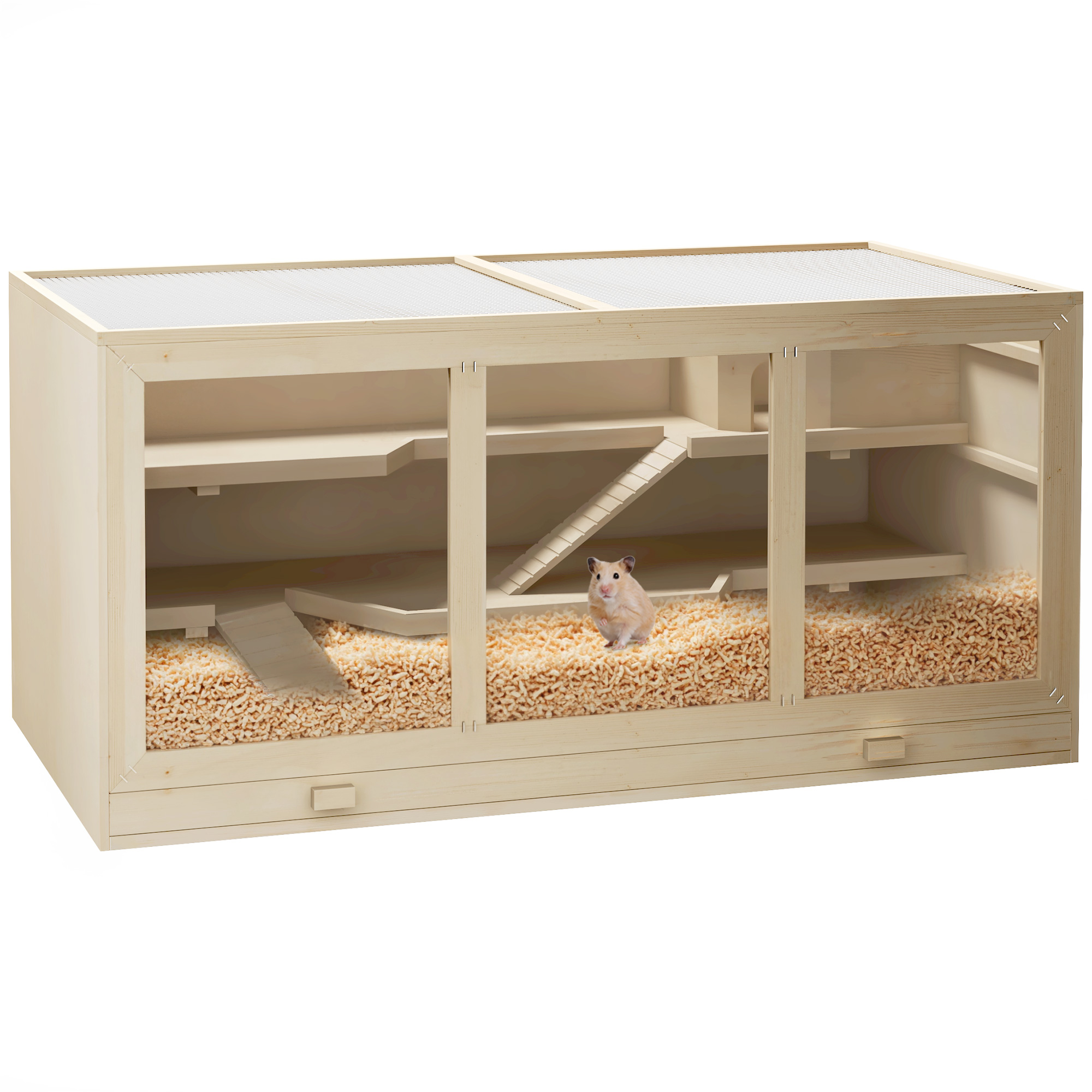 PawHut 45" Extra Large Wooden Hamster Cage, 3-Layer Rat Cage with Opening Roof, PVC Window, Small Animal Habitat for Gerbil, Dwarf & Syrian Hamsters,