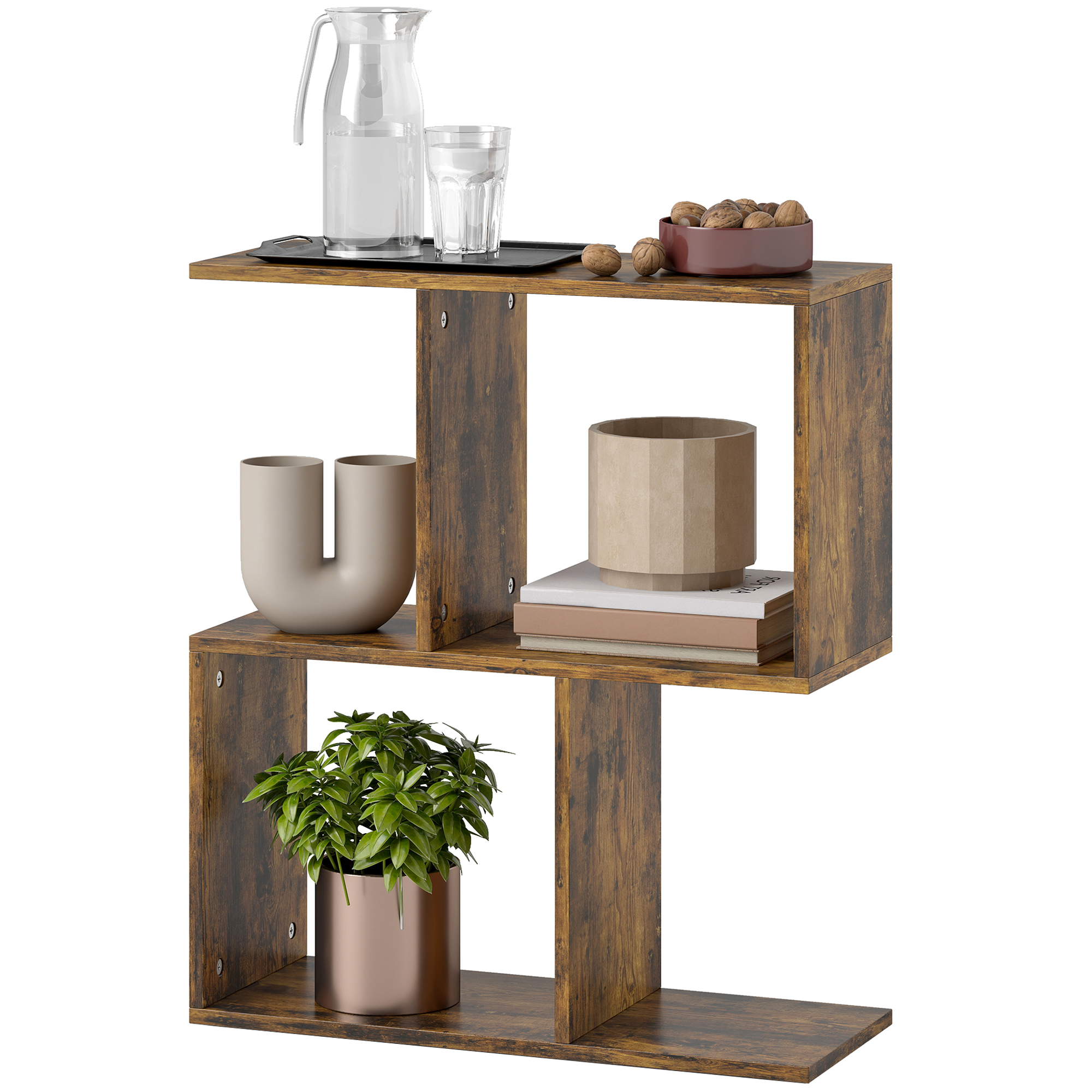 HOMCOM End Table, Narrow Side Table with Storage Shelves, S-Shaped, 3-Tier, 19.7" W x 7.7" D x 22.8" H, Rustic Brown