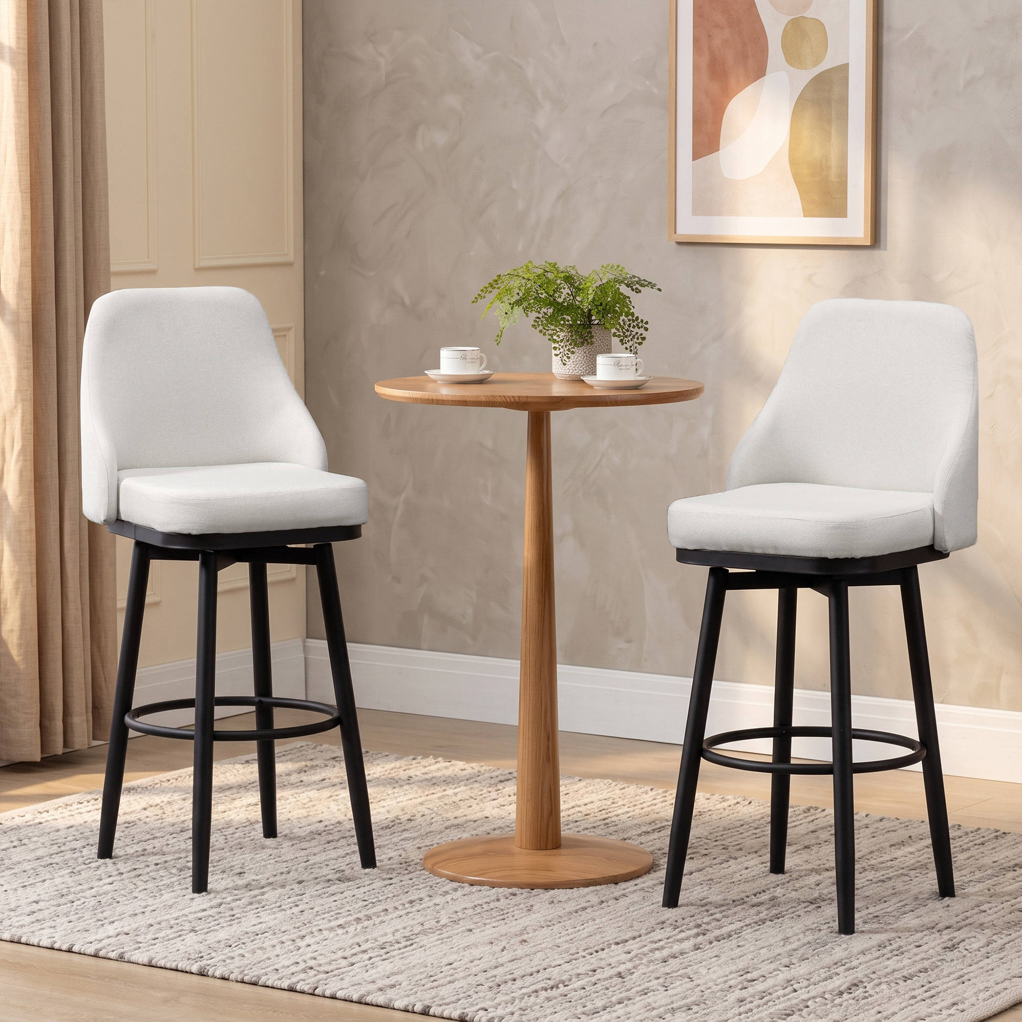 HOMCOM Bar Height Bar Stools Set of 2, Modern 360° Swivel Kitchen Chairs with Steel Legs and Footrest, Cream White