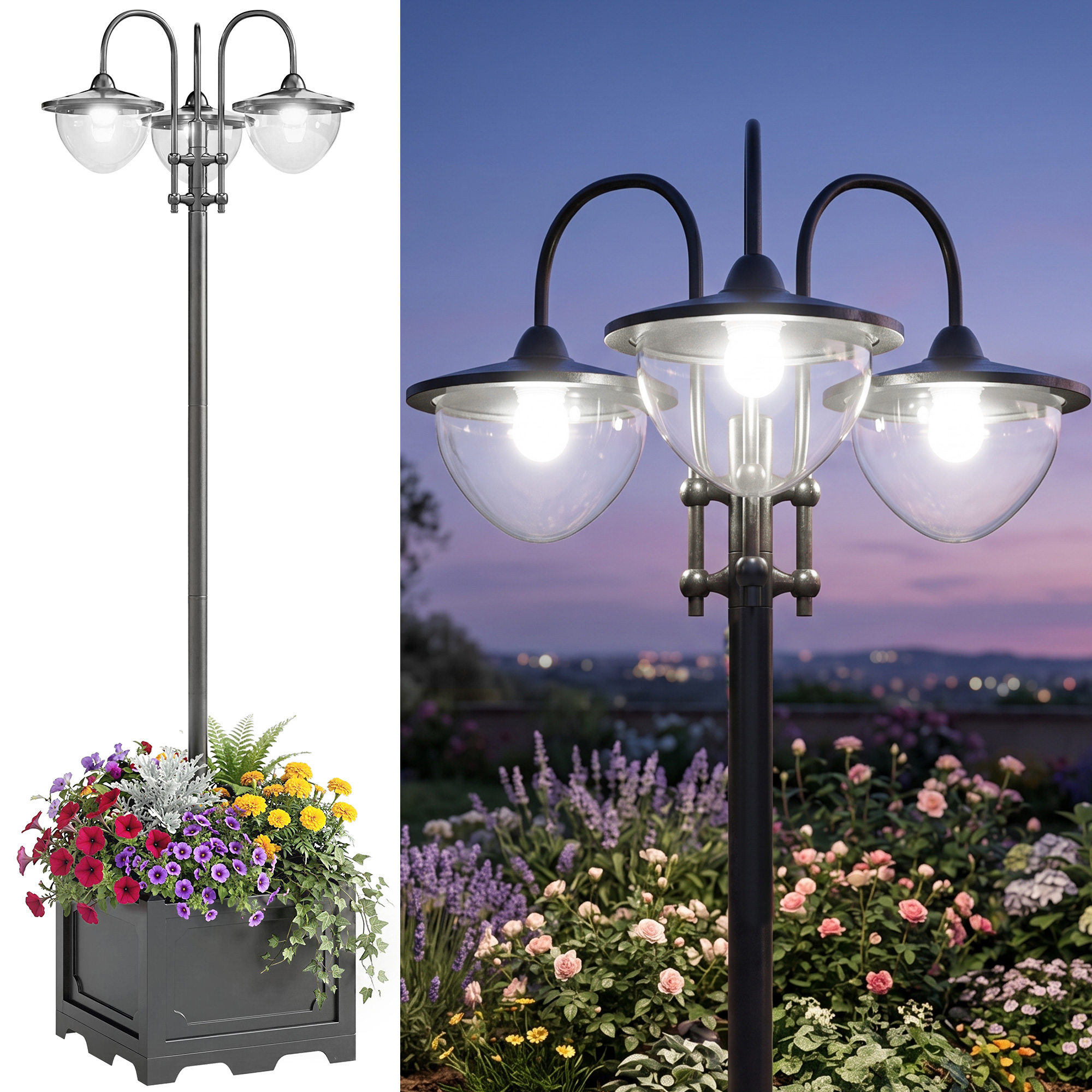 Outsunny 74.5" 3-head Solar Lamp Post Light with Planter, Solar Pole Lights Outdoor Waterproof LED Lighting for Backyard Pathway Patio Lawn Driveway D
