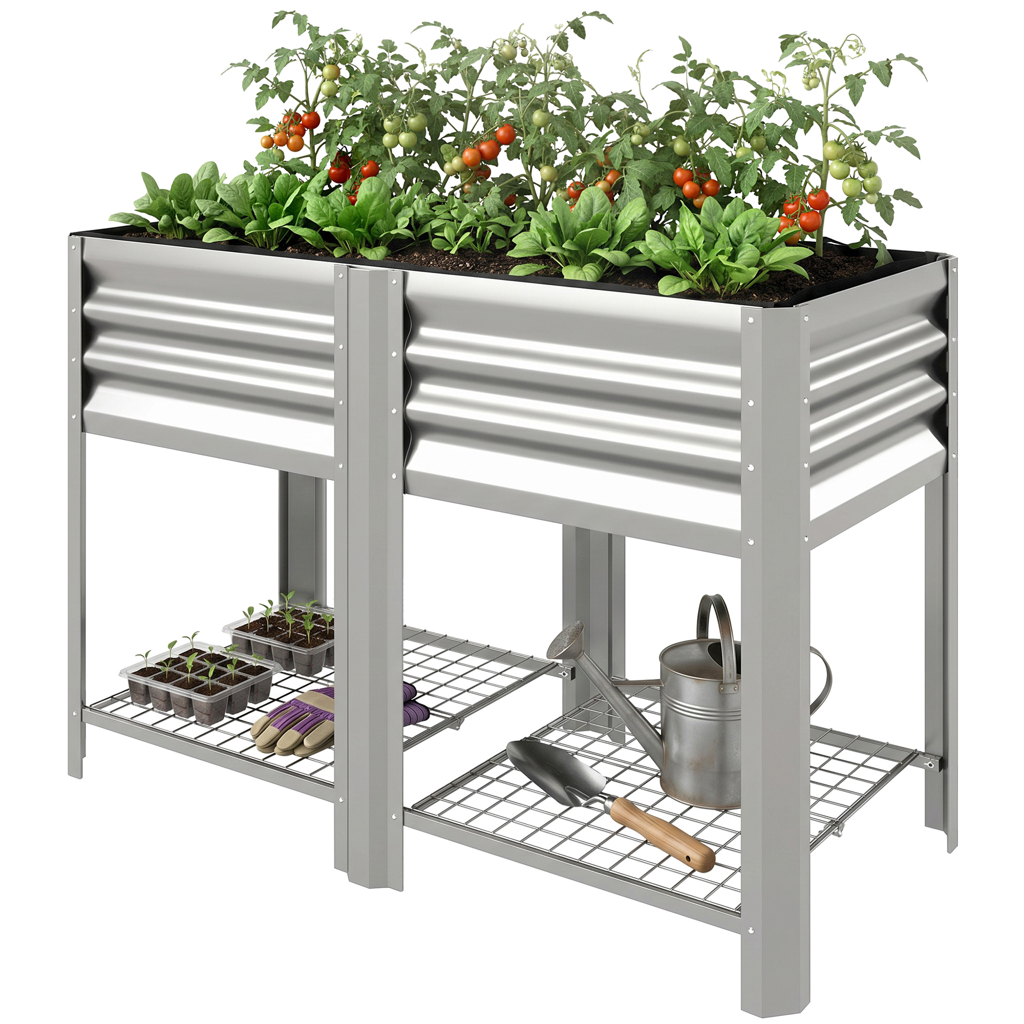 Outsunny Raised Garden Bed Galvanized Steel, Elevated Planter Box with Storage Shelf, Bed Liner, 31.5" High, Silver