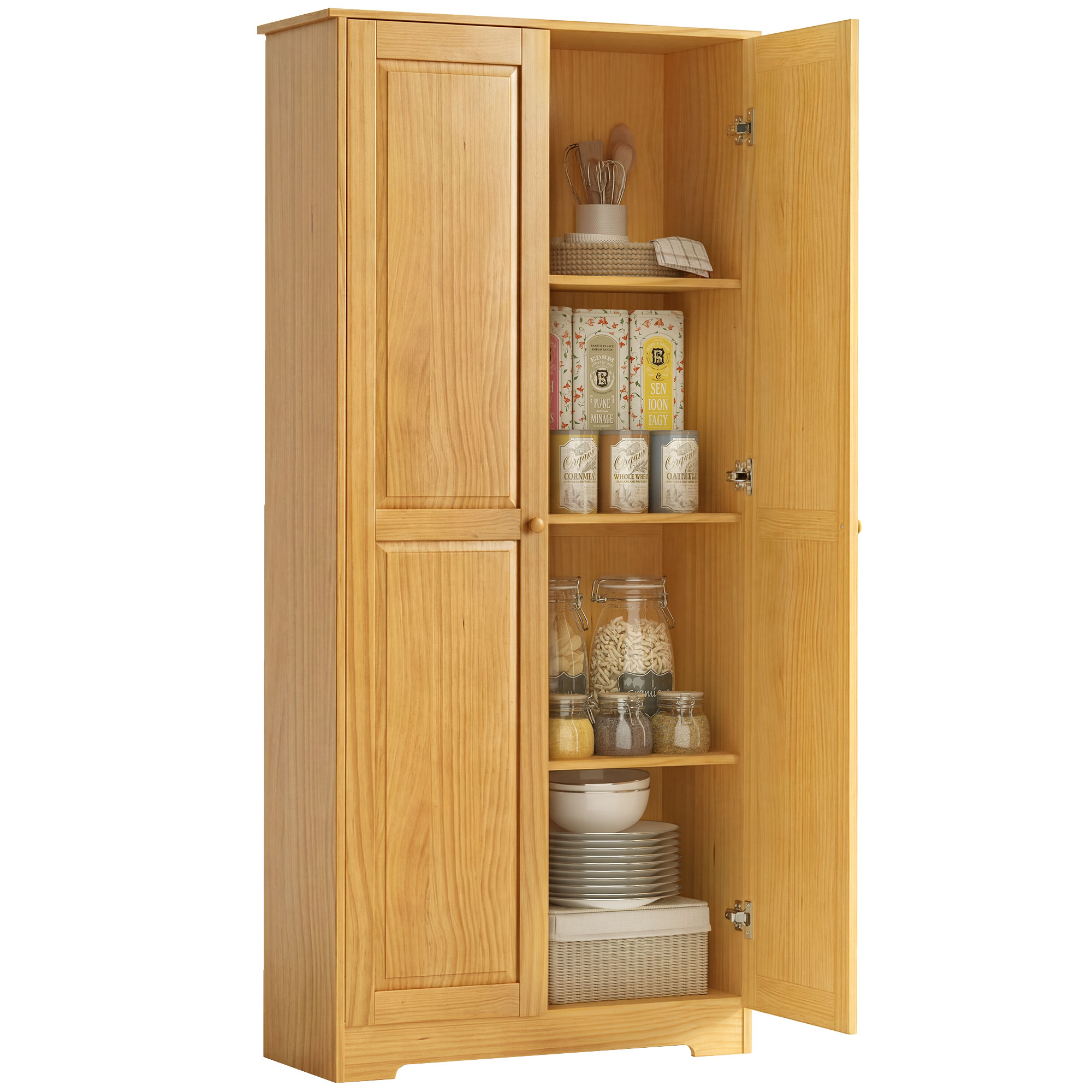 HOMCOM 67" Pinewood Kitchen Pantry Storage Cabinet, Freestanding Cabinets with Doors and Shelves, Dining Room