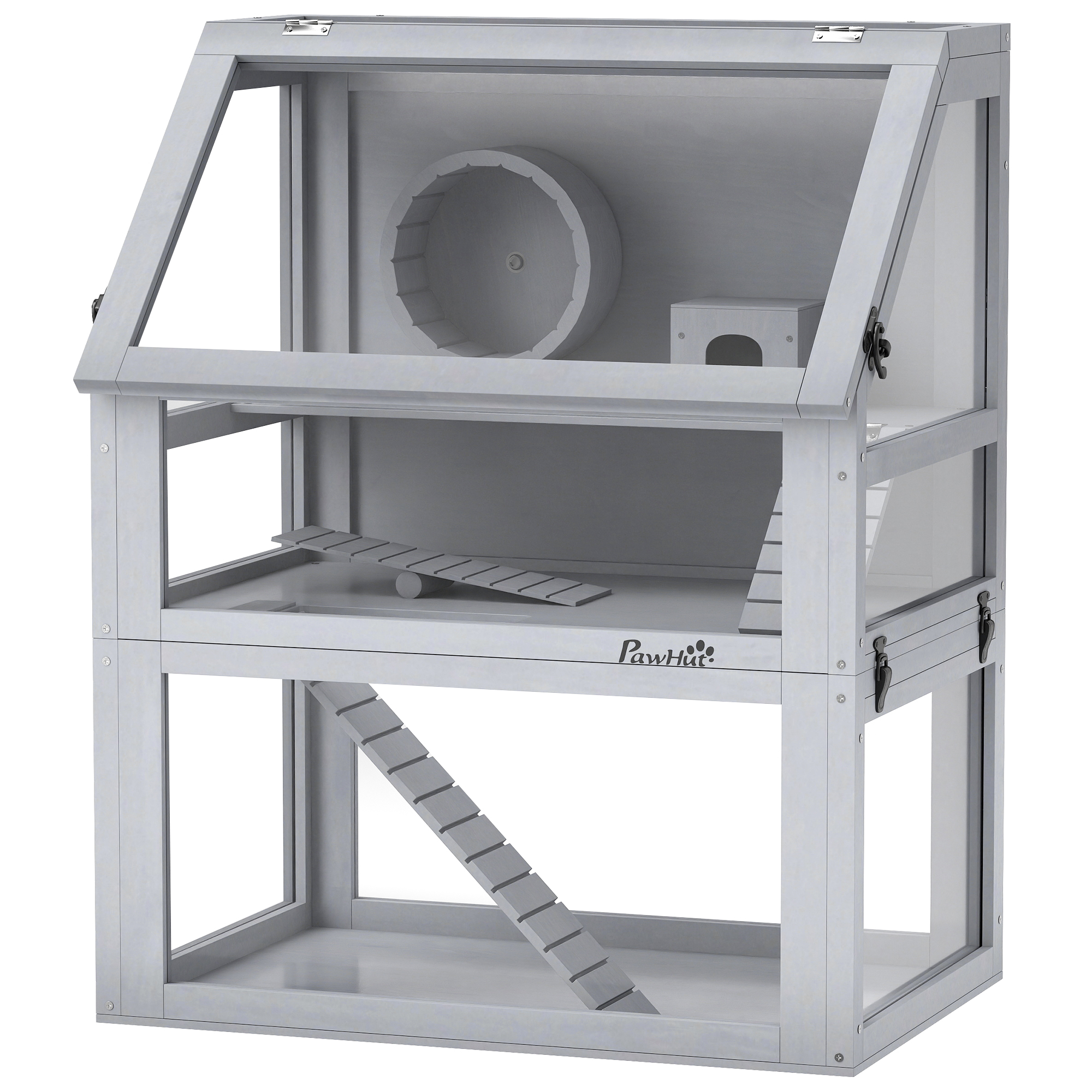 PawHut 3 Tier Wooden Hamster Cage w/ Detachable Bottom, Hut, Seesaw, Exercise Wheel, Ramps, 24" x 16" x 29.5"