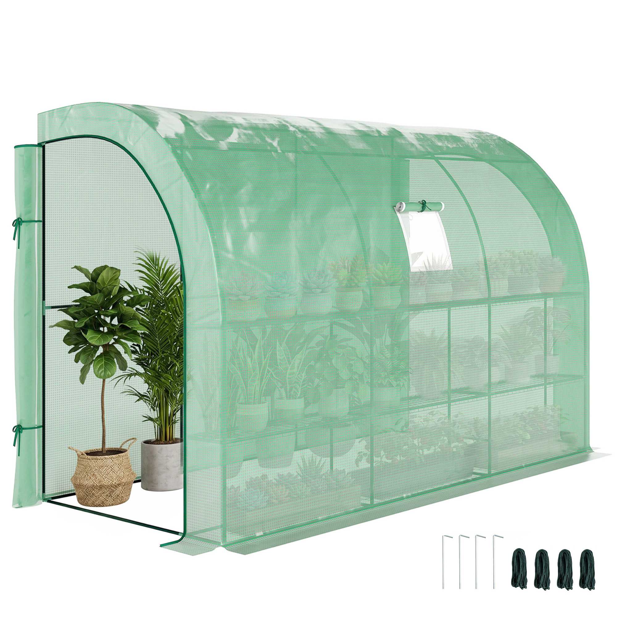 Outsunny 10' x 5' x 7' Lean to Greenhouse, Walk-In Green House, Plant Nursery with 2 Roll-up Doors and Windows, PE Cover and 3 Wire Shelves, Green