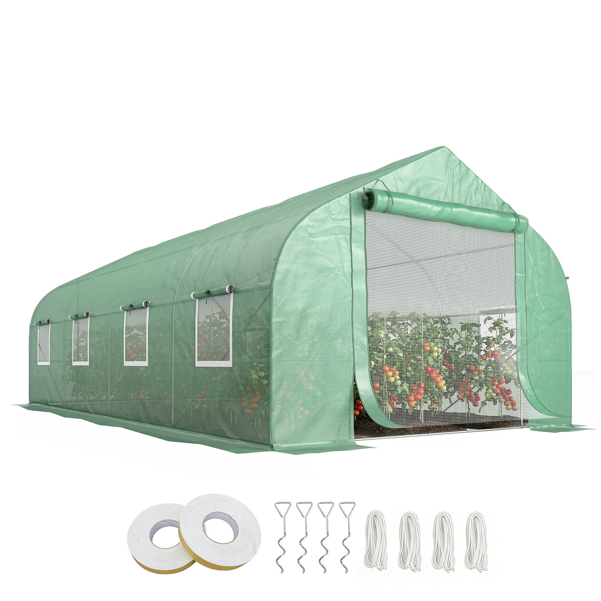 Outsunny 20 x10 x7 ft Walk-in Tunnel Greenhouse with Zippered Mesh Door and 8 Mesh Windows, Gardening Plant Hot House with Galvanized Steel Hoops, Gre