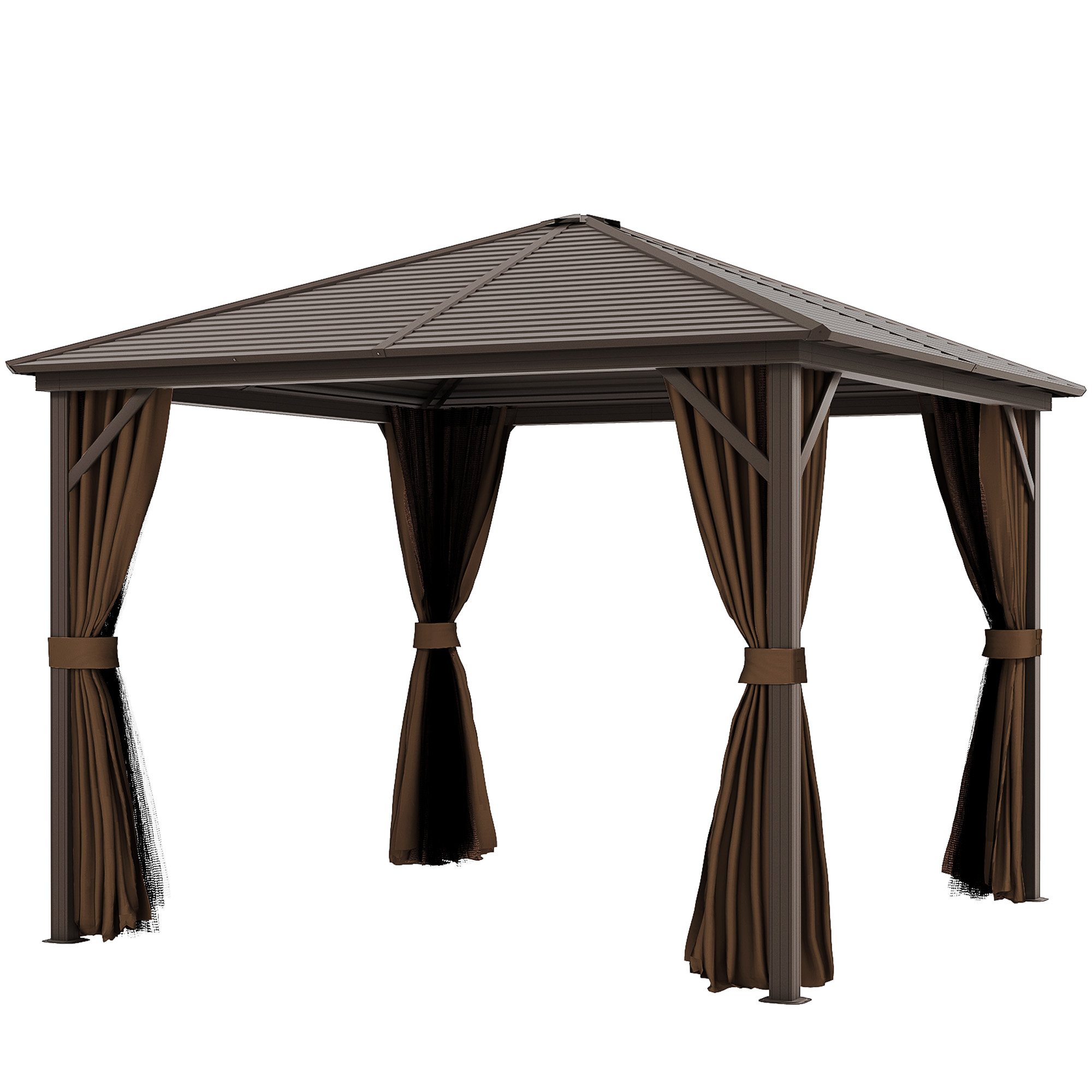 Outsunny 10' x 10' Hardtop Gazebo Canopy, Permanent Pavilion with Hook, Curtains, Aluminum Frame for Patio, Garden, Dark Brown