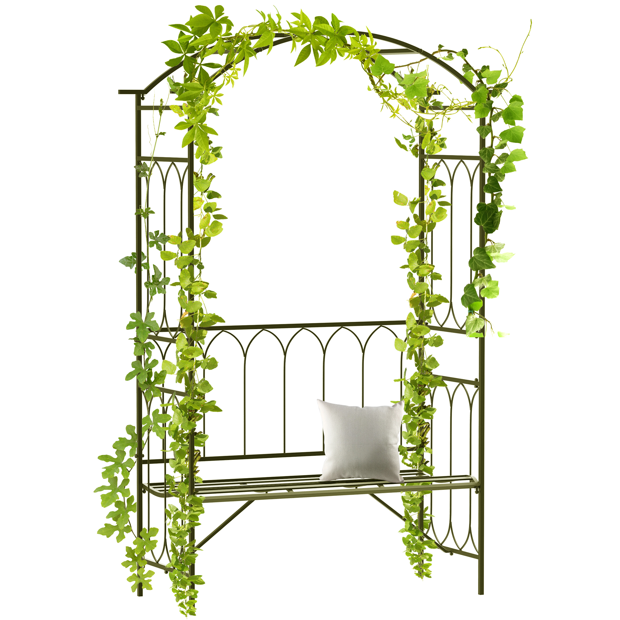 Outsunny Metal Trellis Arbor Arch for Climbing Plants with Garden Bench, Grow Grapes and Vines, Decorative Seating, Black