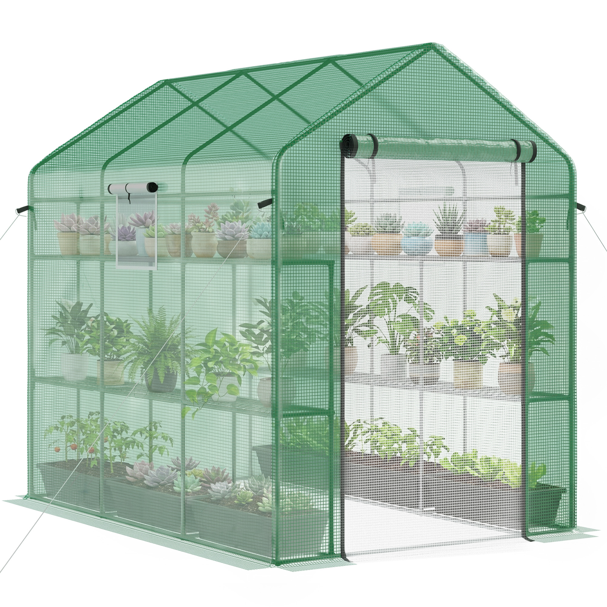 Outsunny 7' x 5' x 6' Walk-in Greenhouse for Outdoors with Mesh Door and Windows, 18 Shelf Hot House with Trellis, Green