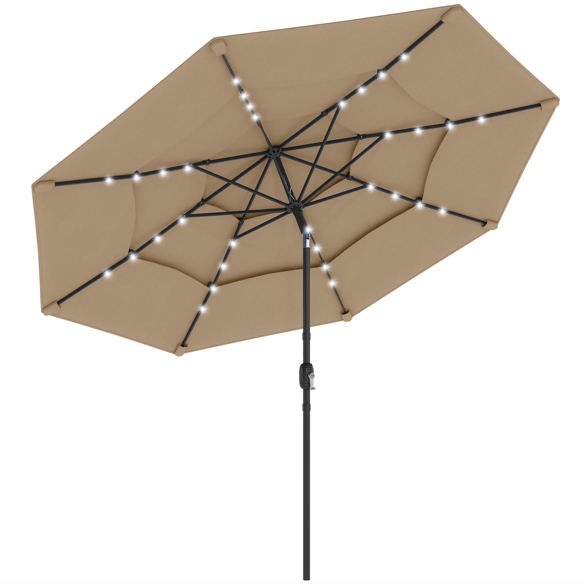 Outsunny 9.7 ft Outdoor Patio Umbrella with Solar LED Lights, 3 Tier Outdoor Table Umbrella with Tilt, Crank, Khaki