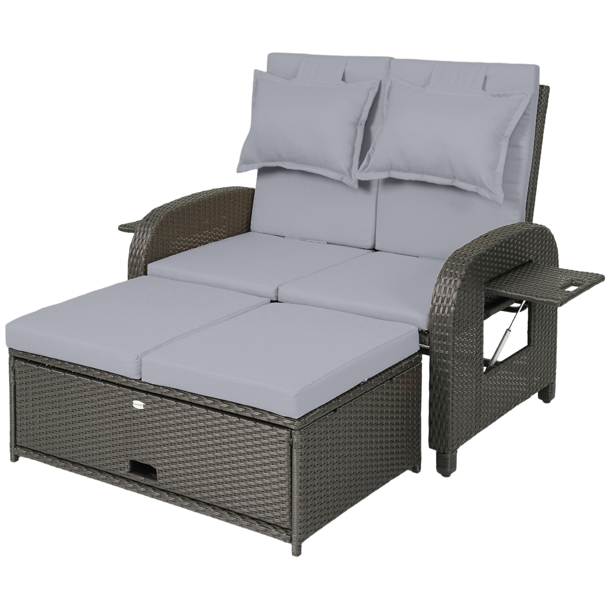 Outsunny Patio Rattan Daybed, Wicker Outdoor Daybed with Storage Ottoman, Loveseat w/ Adjustable Backrest, Gray