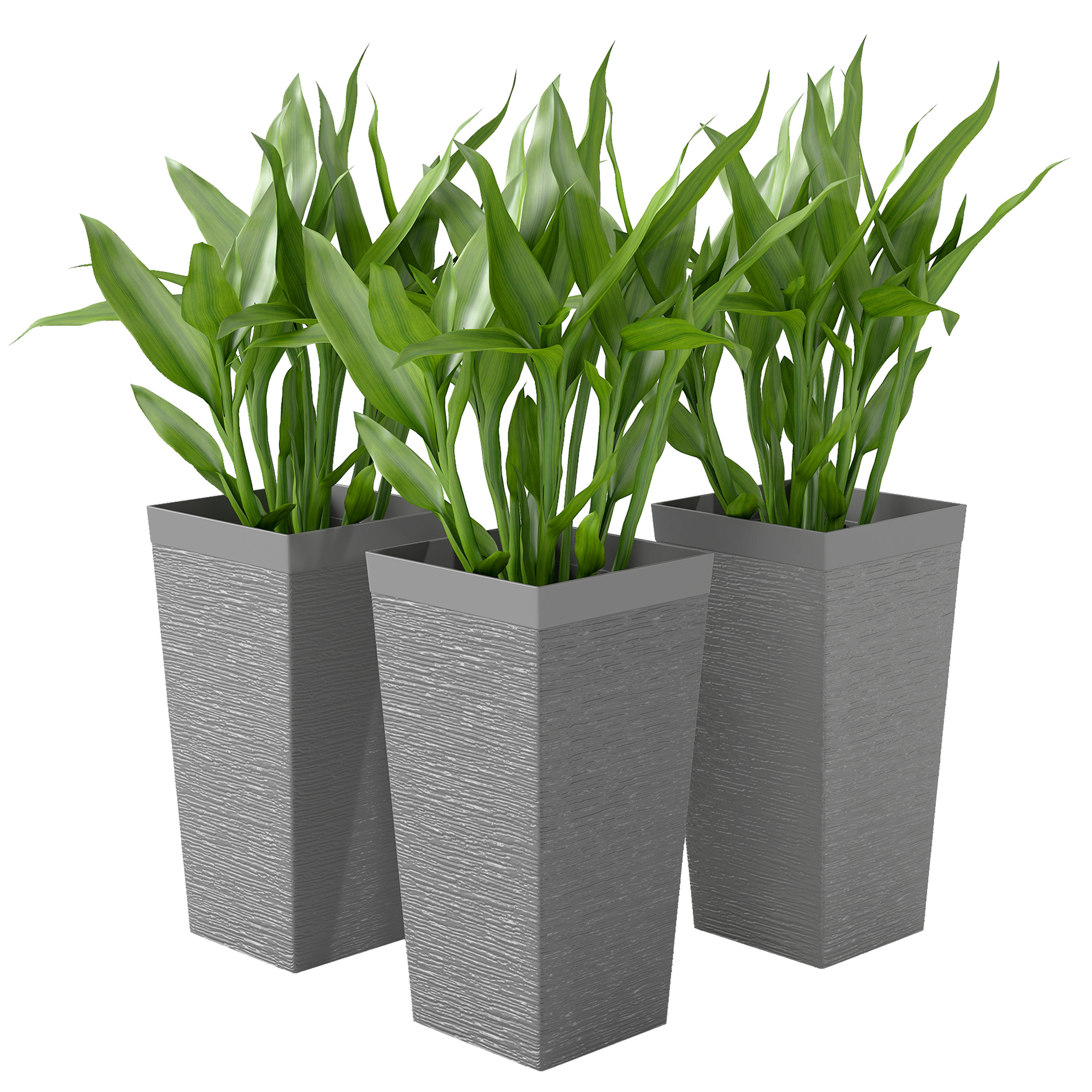 Outsunny 22.8 Inch Set of 3 Outdoor Planters with Stone Finish and Wheels, Stackable Tapered Planters with Drainage Hole, Gray