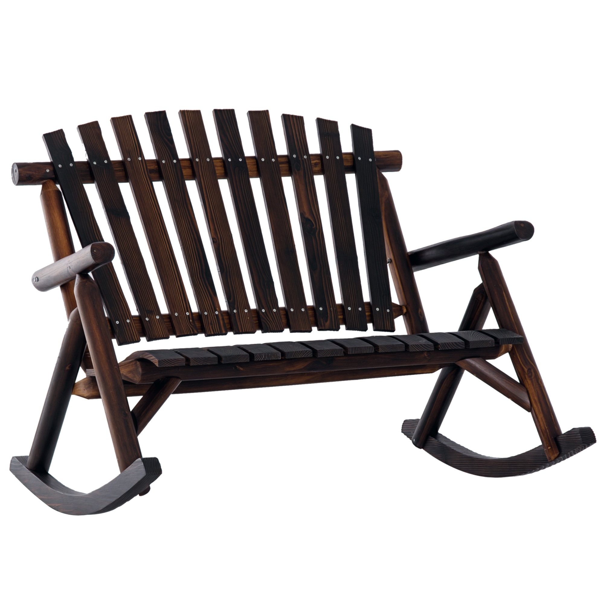 Outsunny Wooden Porch Rocking Chair, Wood Double Adirondack, Rocker for Indoor or Outdoor with High Rise Slatted Back, Carbonized