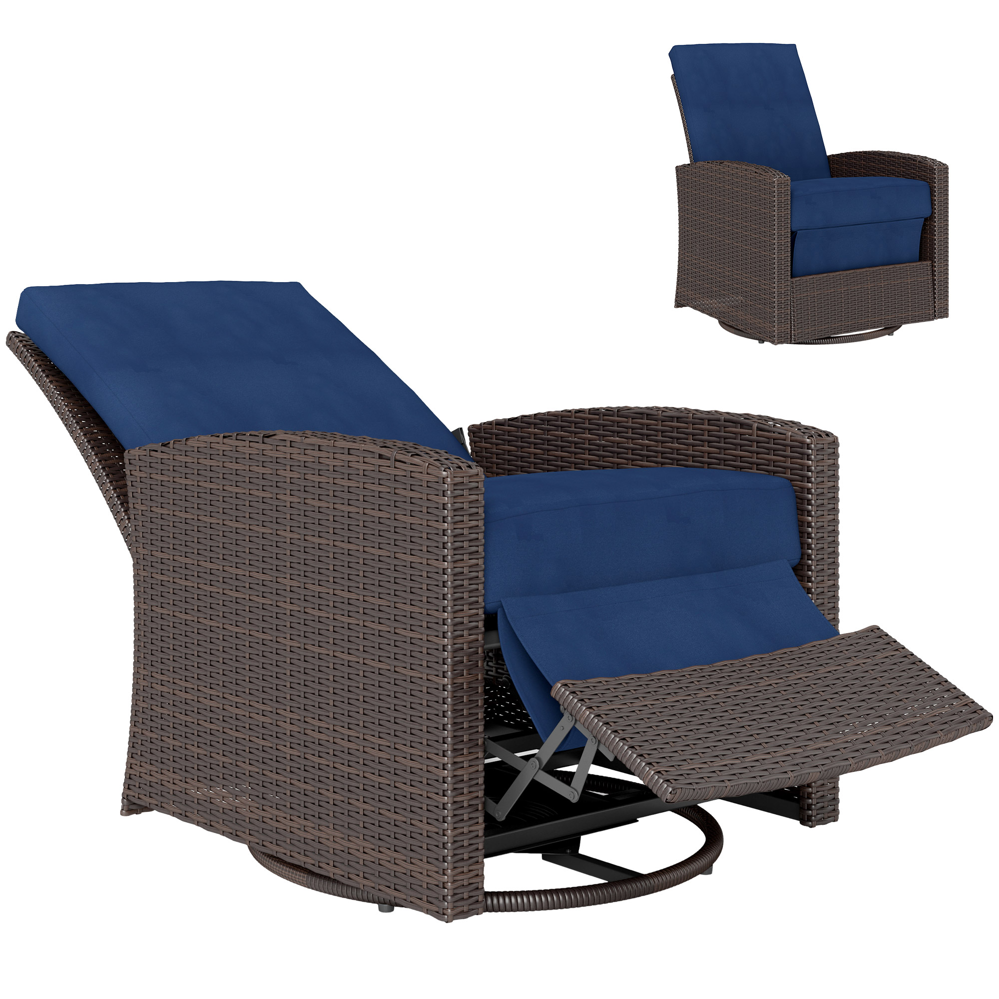 Outsunny Outdoor Wicker Chair, Reclining Backrest, Lifting Footrest, 360° Rotating Basic, Water Resistant Cushions, Dark Blue