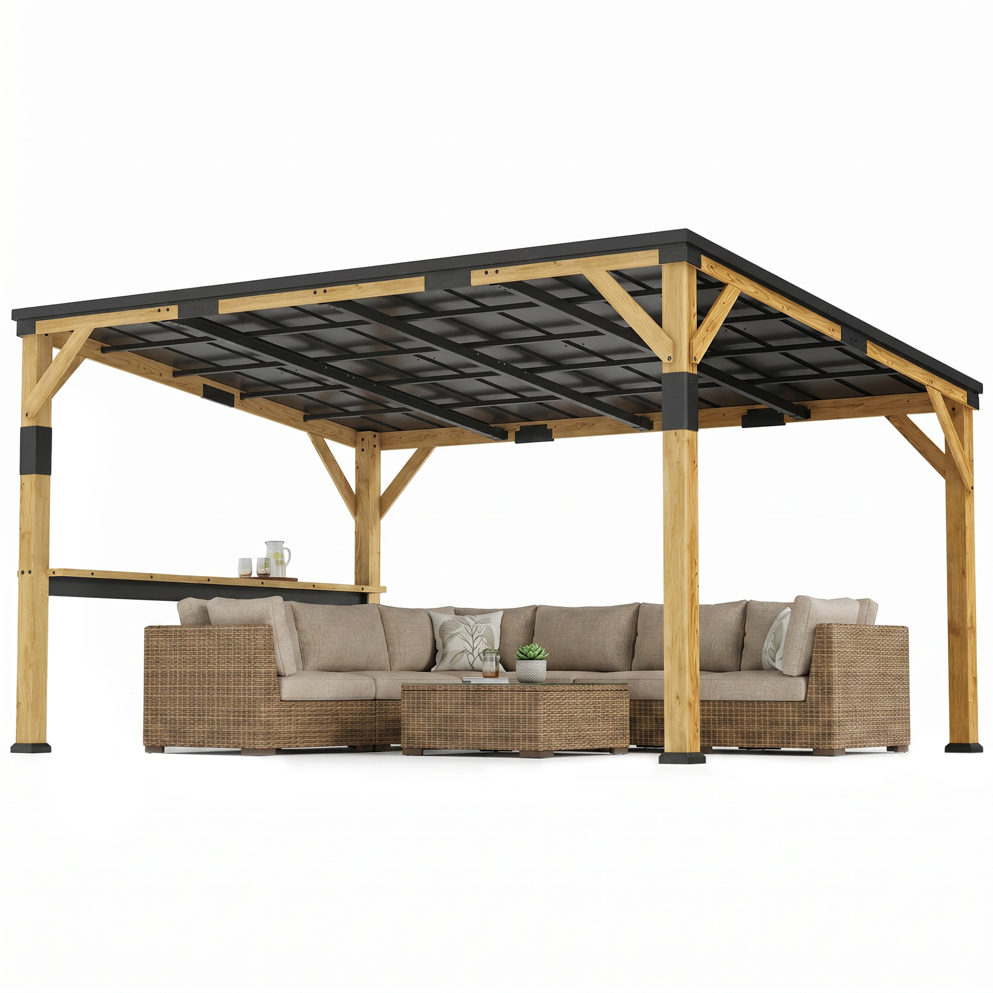 Outsunny 10' x 14' Wooden Gazebo, Hardtop Lean-to Gazebo Pergola with Galvanized Steel Sloped Roof, Bar Shelf, Natural Wood