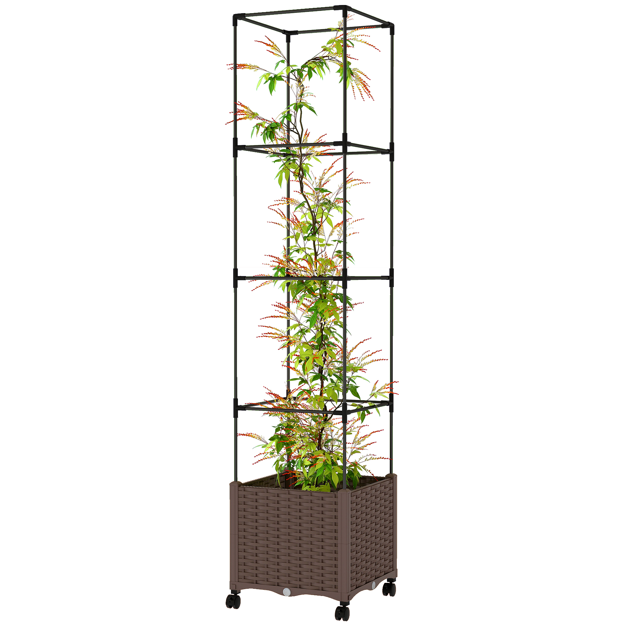 Outsunny Raised Garden Bed with Trellis, Tomato Cage with Lockable Wheels, Self Watering Planter Box with Drainage Holes, Brown