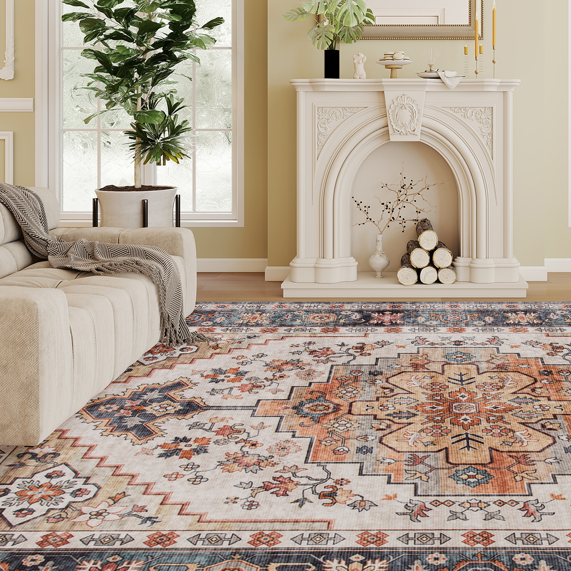 HOMCOM Area Rug 4x6, Machine Washable Rug, Non-Slip Boho Print Pattern Medallion Carpet for Living Room, Bedroom, Tawny Brown