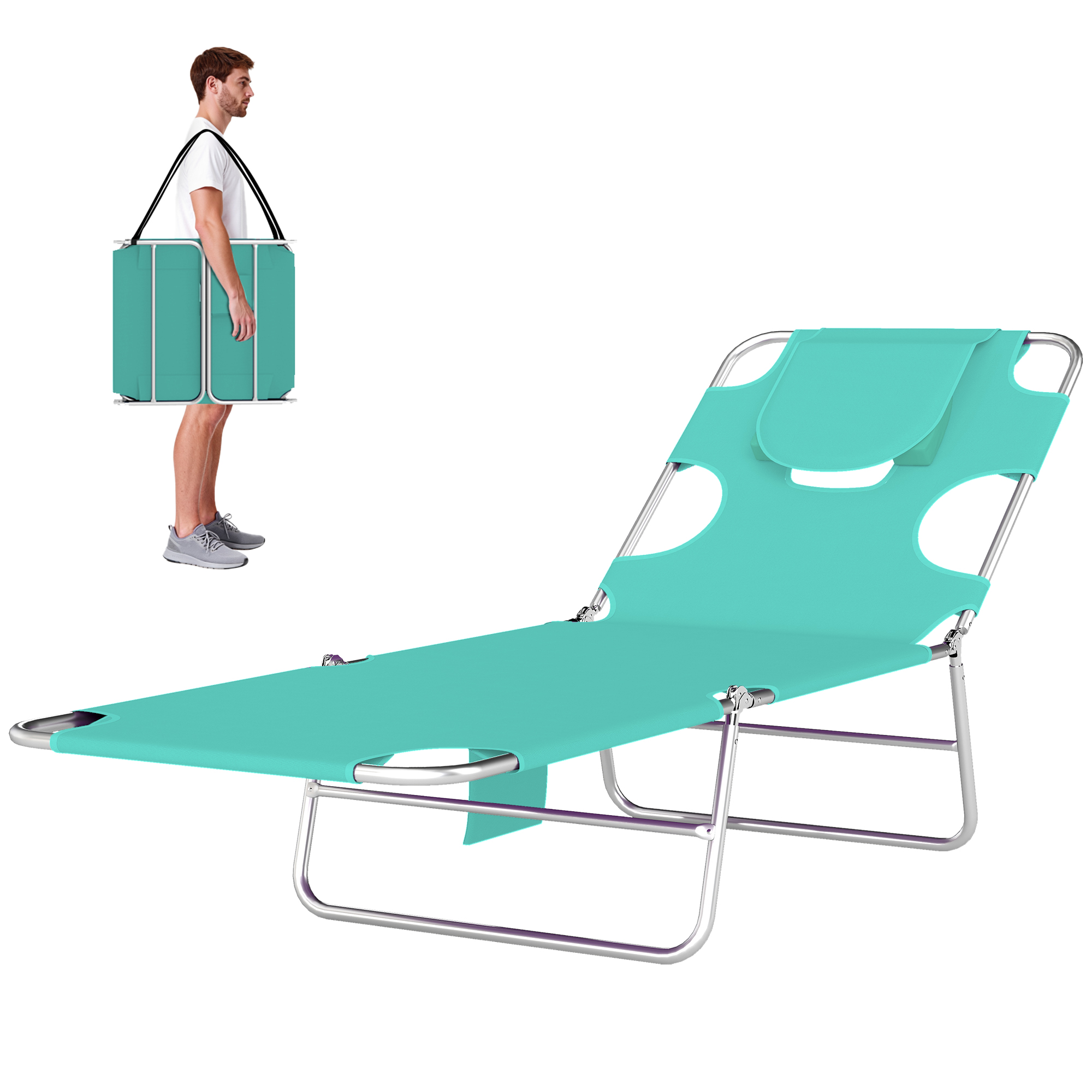 Outsunny Tanning Chair with Face Hole, 5-Level Adjustable Outdoor Chaise Lounge Chair with Pillow for Beach, Pool, Light Green