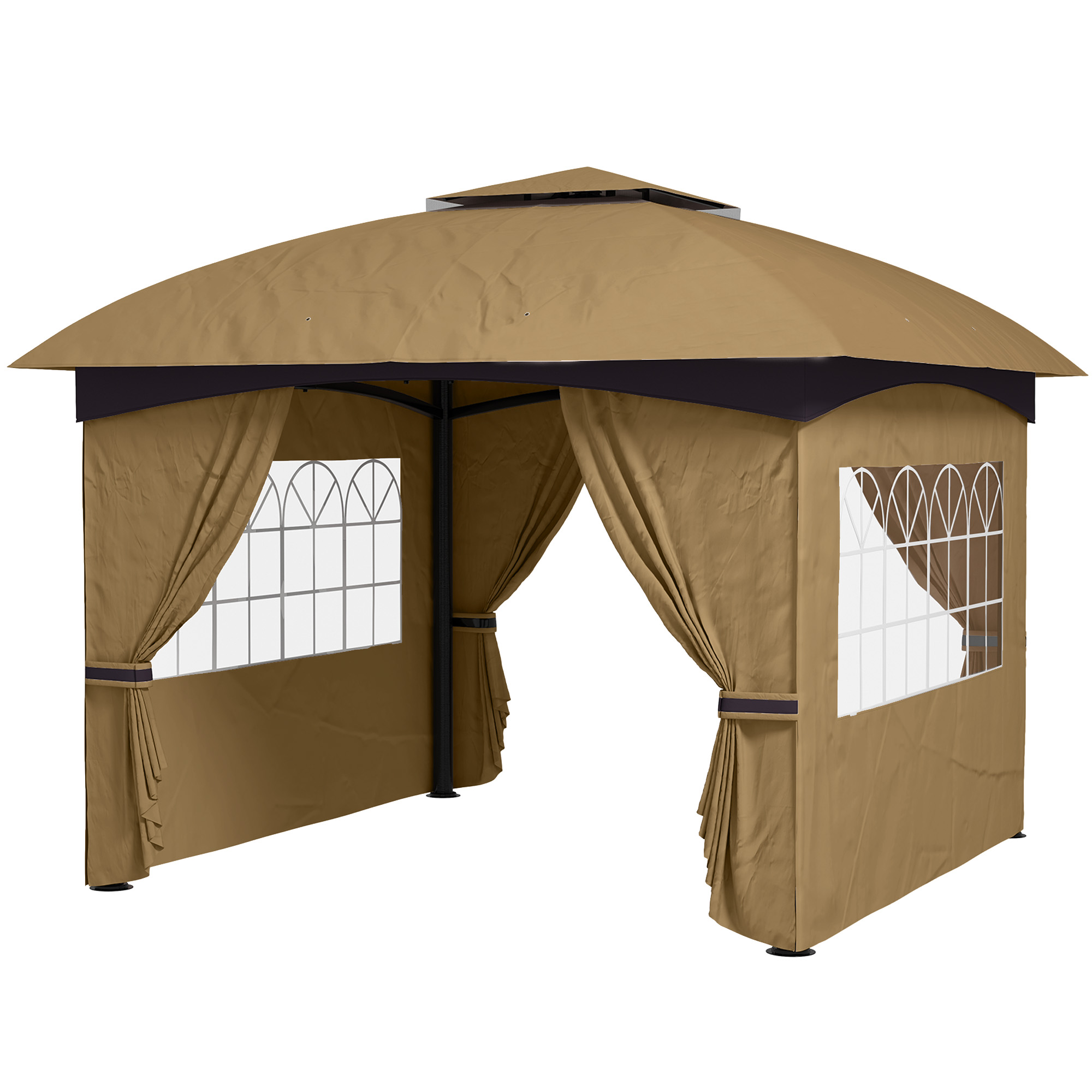 Outsunny 11' x 11' Outdoor Gazebo, Double Roof Patio Gazebo with Curtains, Church Windows, Galvanized Steel Frame, Beige