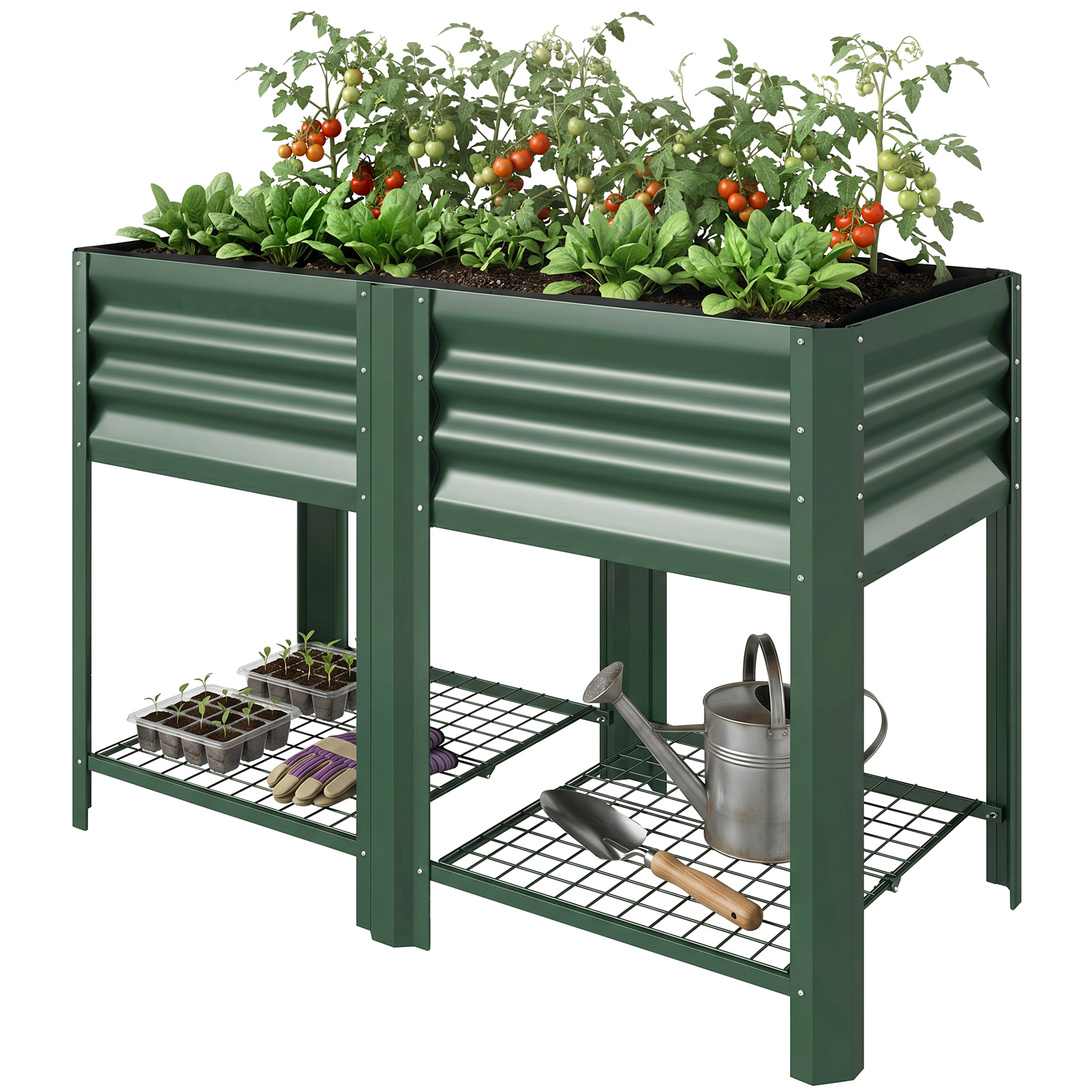 Outsunny Raised Garden Bed Galvanized Steel, Elevated Planter Box with Storage Shelf, Bed Liner, 31.5" High, Green
