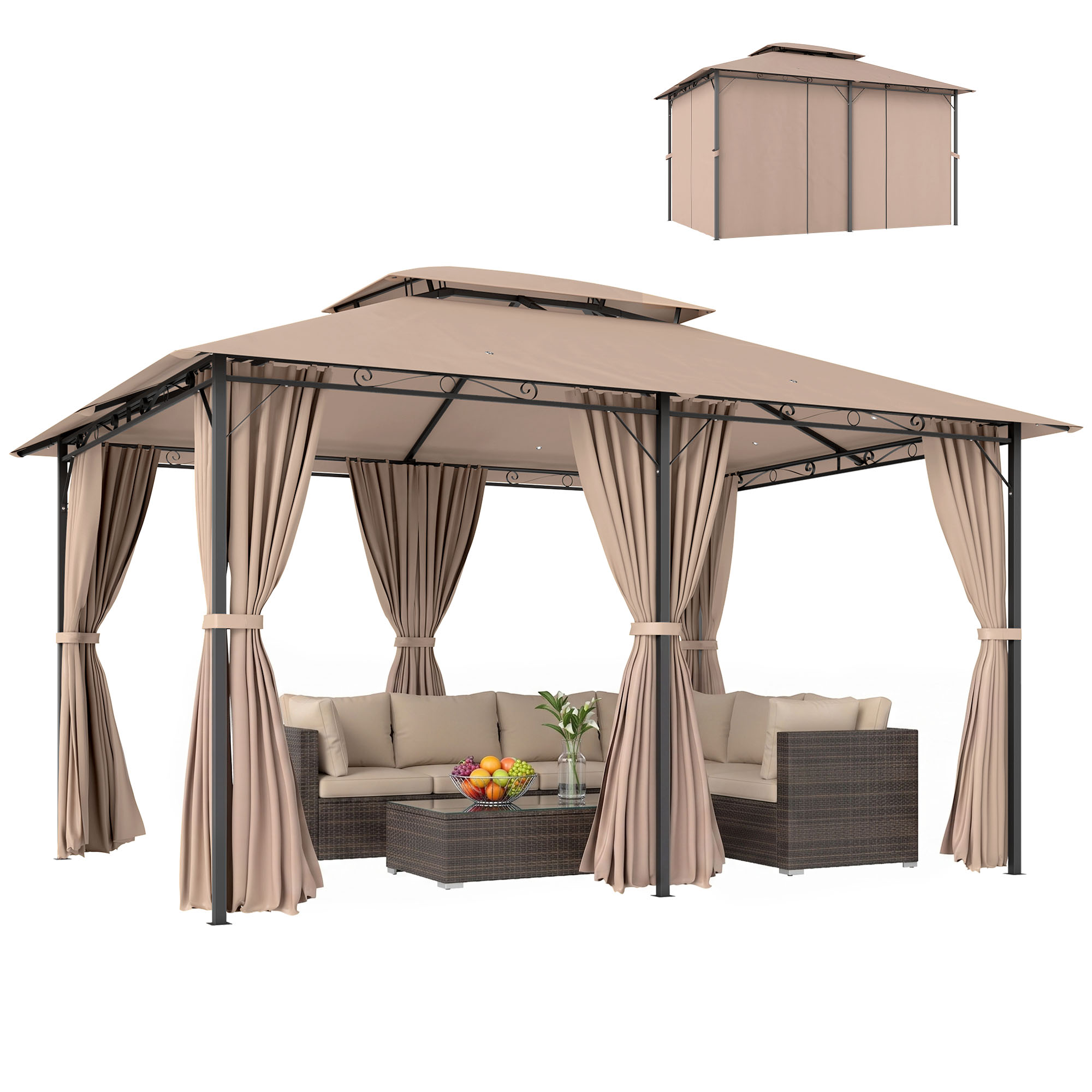 Outsunny 10' x 13' Patio Gazebo, Outdoor Gazebo Canopy Shelter with Curtains, Vented Roof, Steel Frame for Garden, Lawn, Backyard and Deck, Khaki