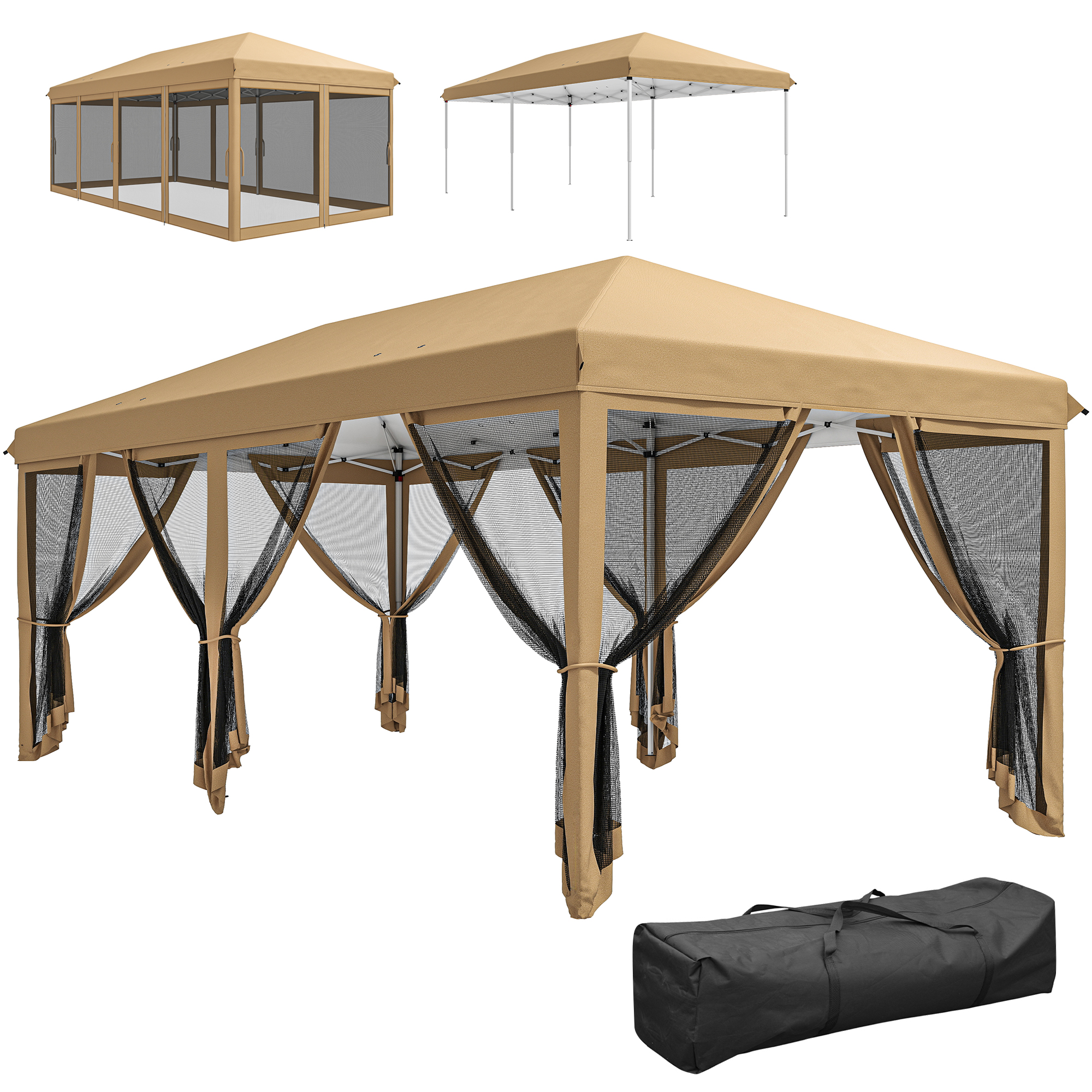 Outsunny 10' x 20' Pop Up Canopy Tent with Netting, Heavy Duty Instant Sun Shelter, Large Tents for Parties with Carry Bag, Beige