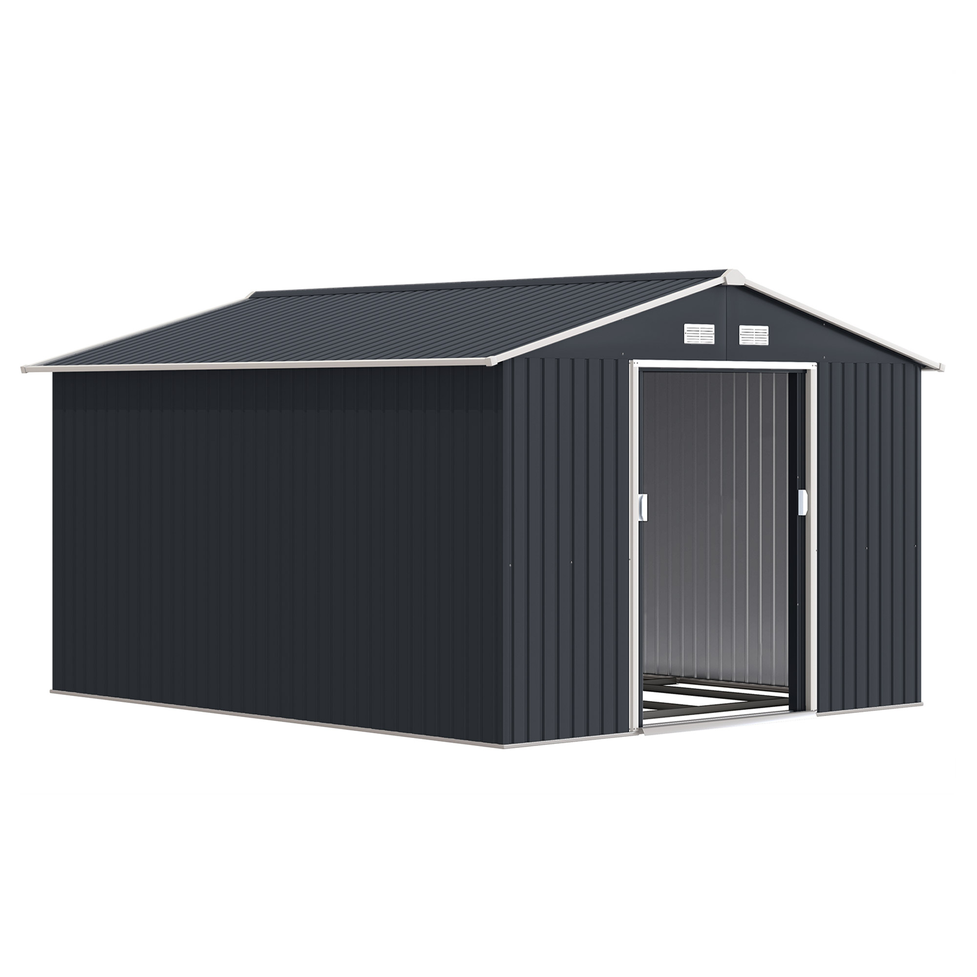 Outsunny 11' x 9' Outdoor Storage Shed, Garden Tool Metal Shed with Foundation Kit, Double Lockable Door, Dark Gray