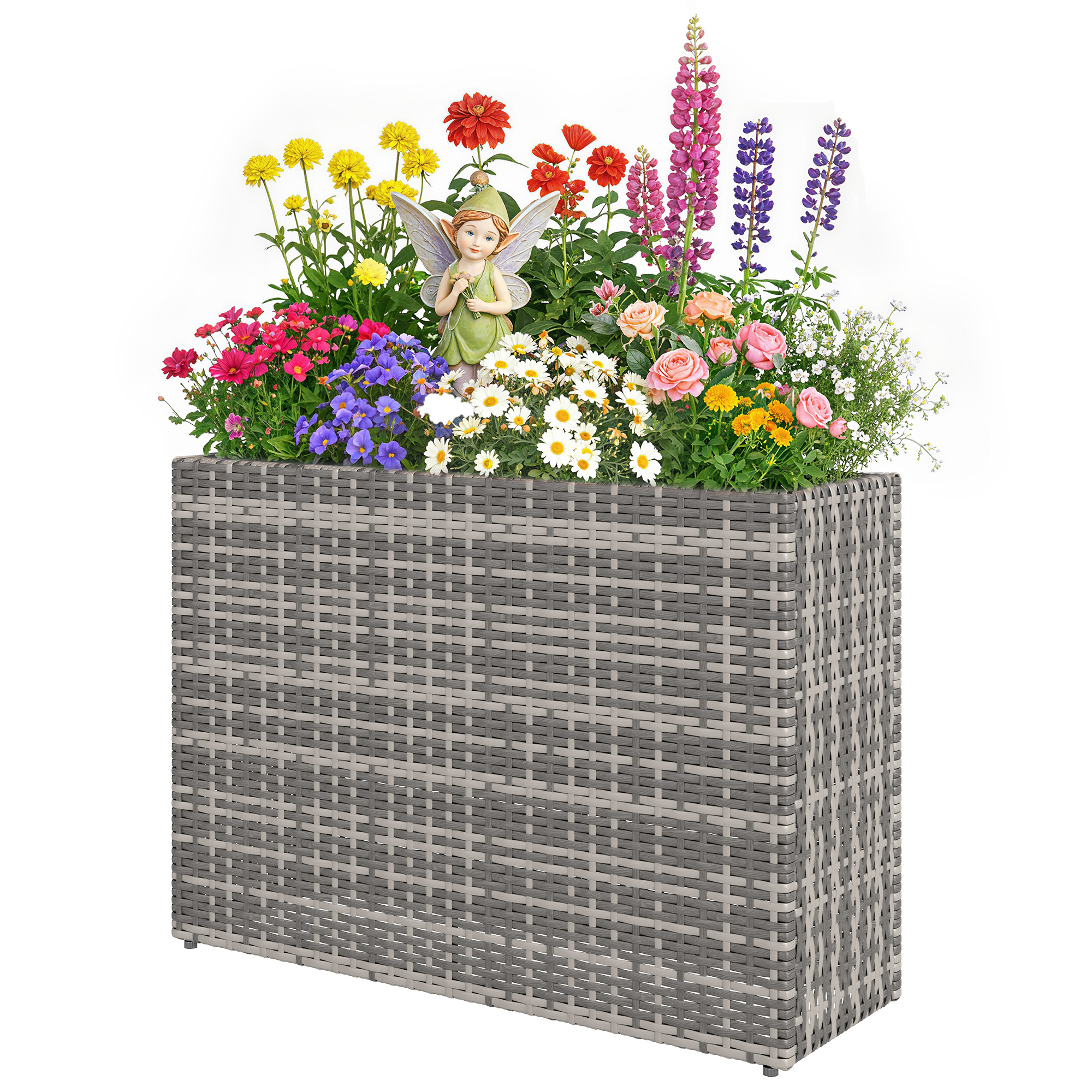 Outsunny Tall Rectangular Planter with Removable Liner, Holes, PE Wicker Large Planter Box for Indoor Outdoor Plants, Gray