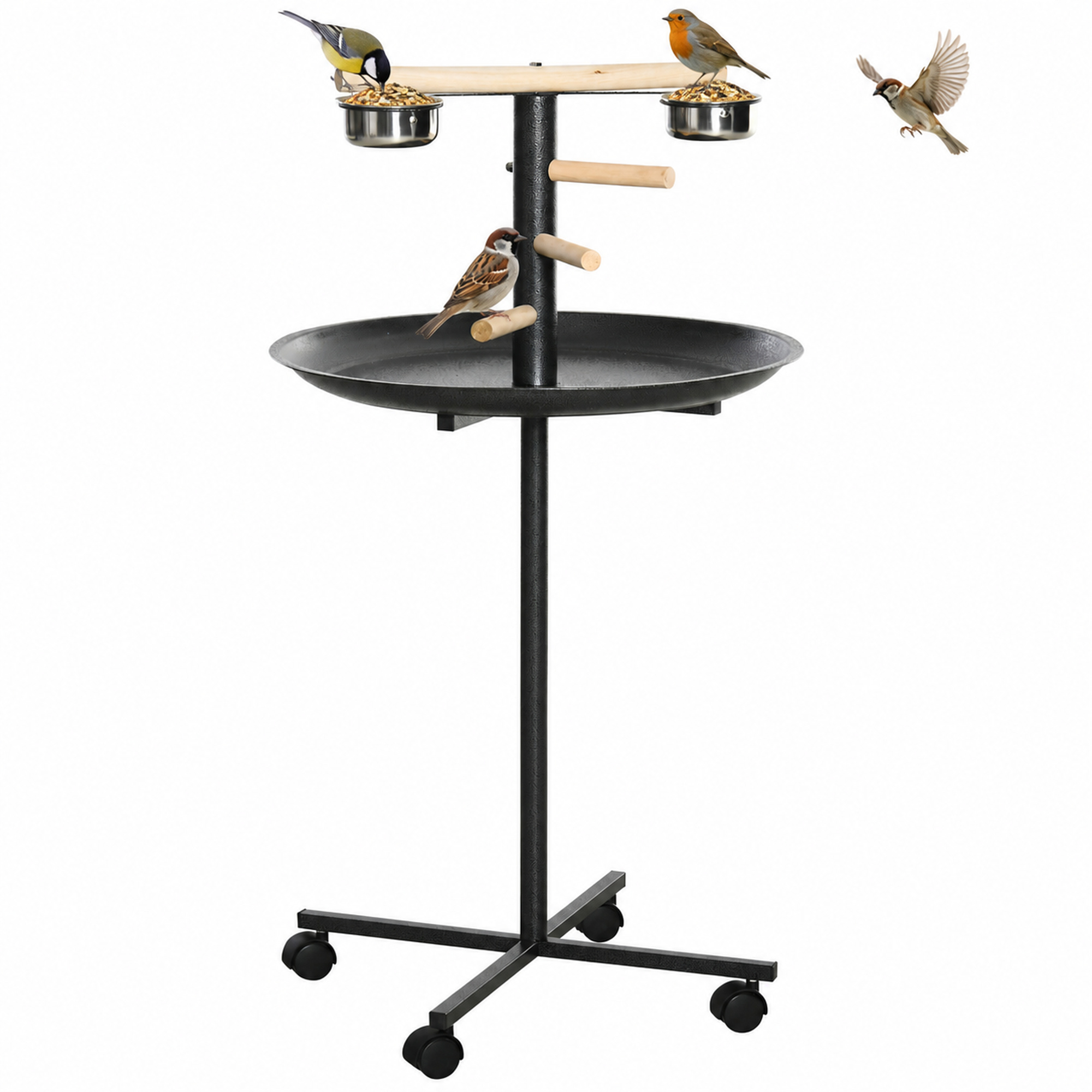 PawHut Portable Bird Play Stand, Parrot Perch Bird Feeder Station with Wheels, Stainless Steel Feeding Bowls, Tray, Gray