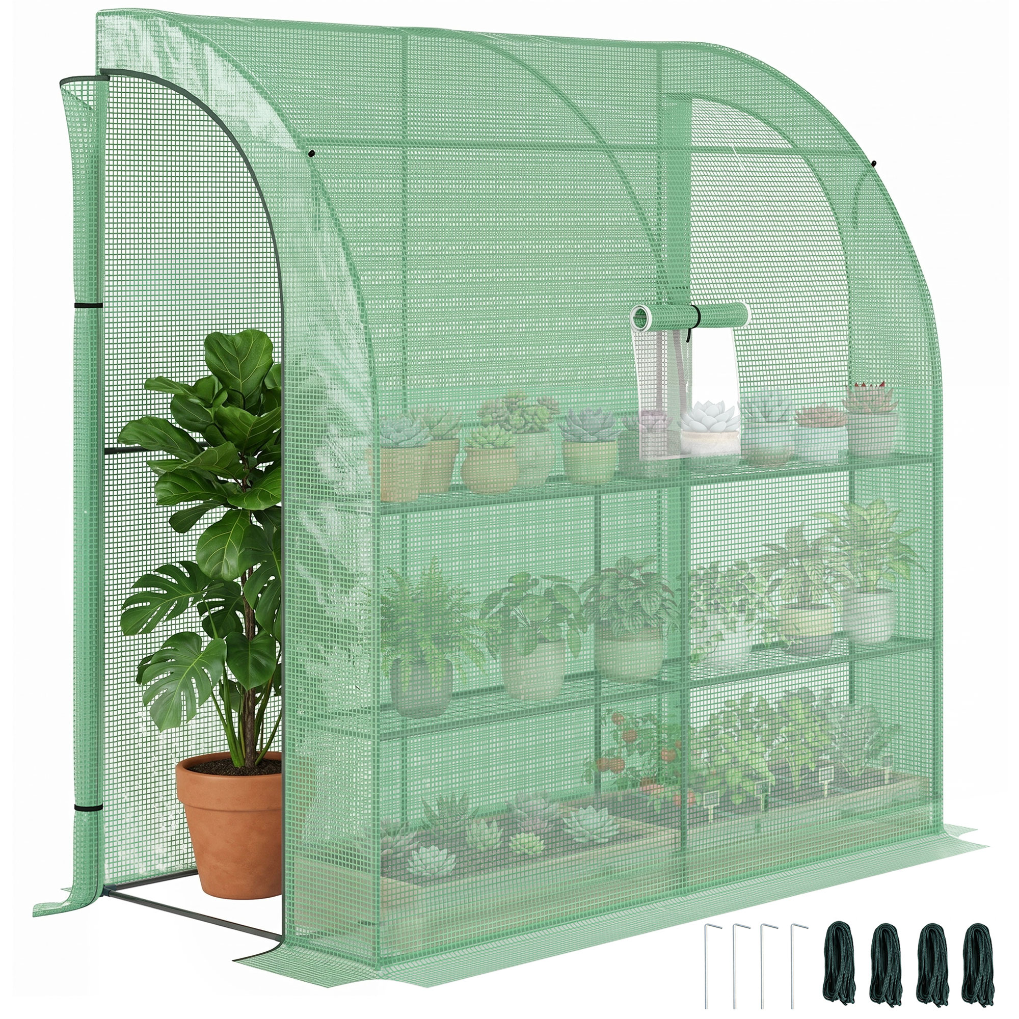 Outsunny 7' x 3' x 7' Lean to Greenhouse, Walk-In Green House, Plant Nursery with 2 Roll-up Doors and Windows, PE Cover and 3 Wire Shelves, Green