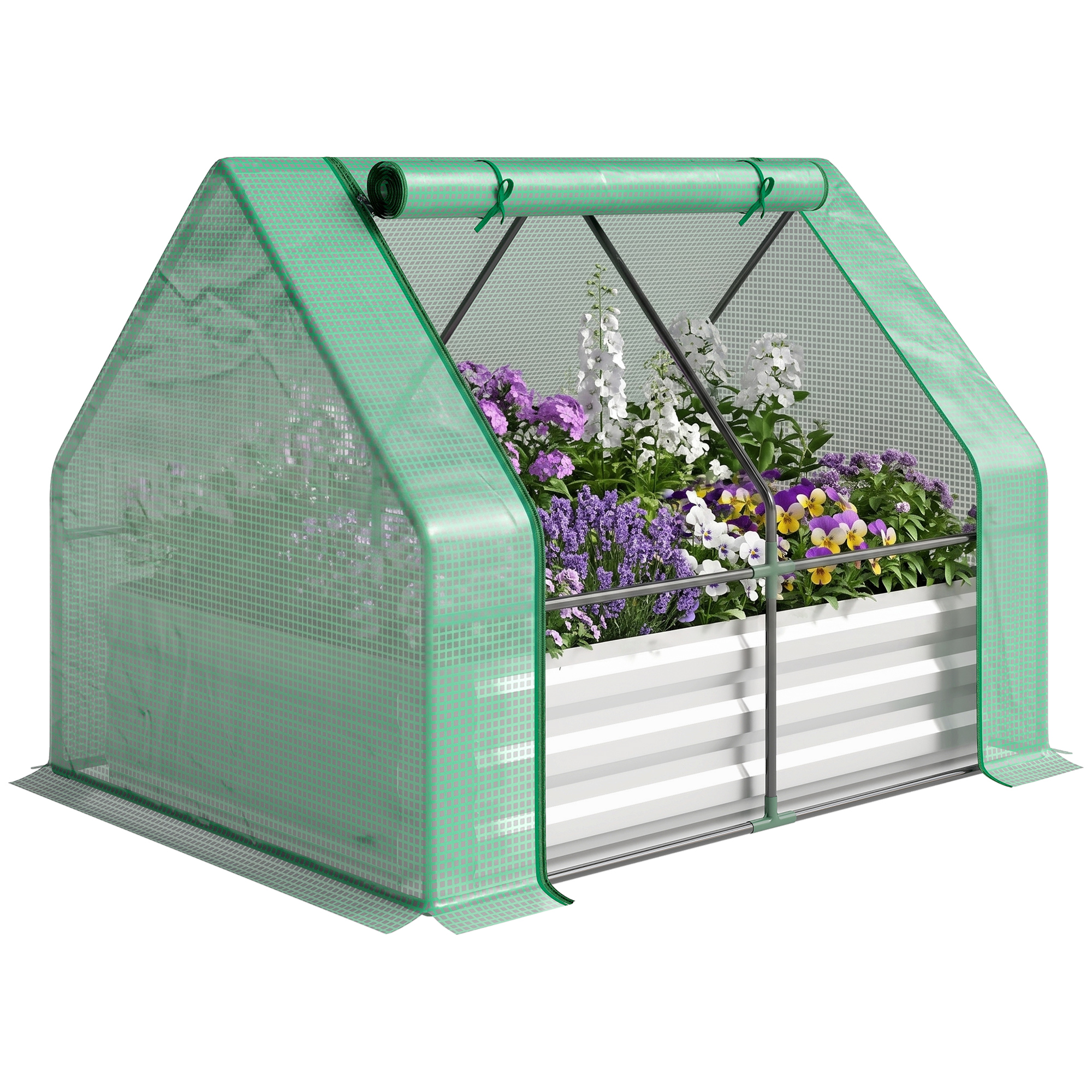 Outsunny 4 x 3ft Metal Planter Box with Mini Greenhouse, Galvanized Raised Garden Bed with Cover, Green and Gray